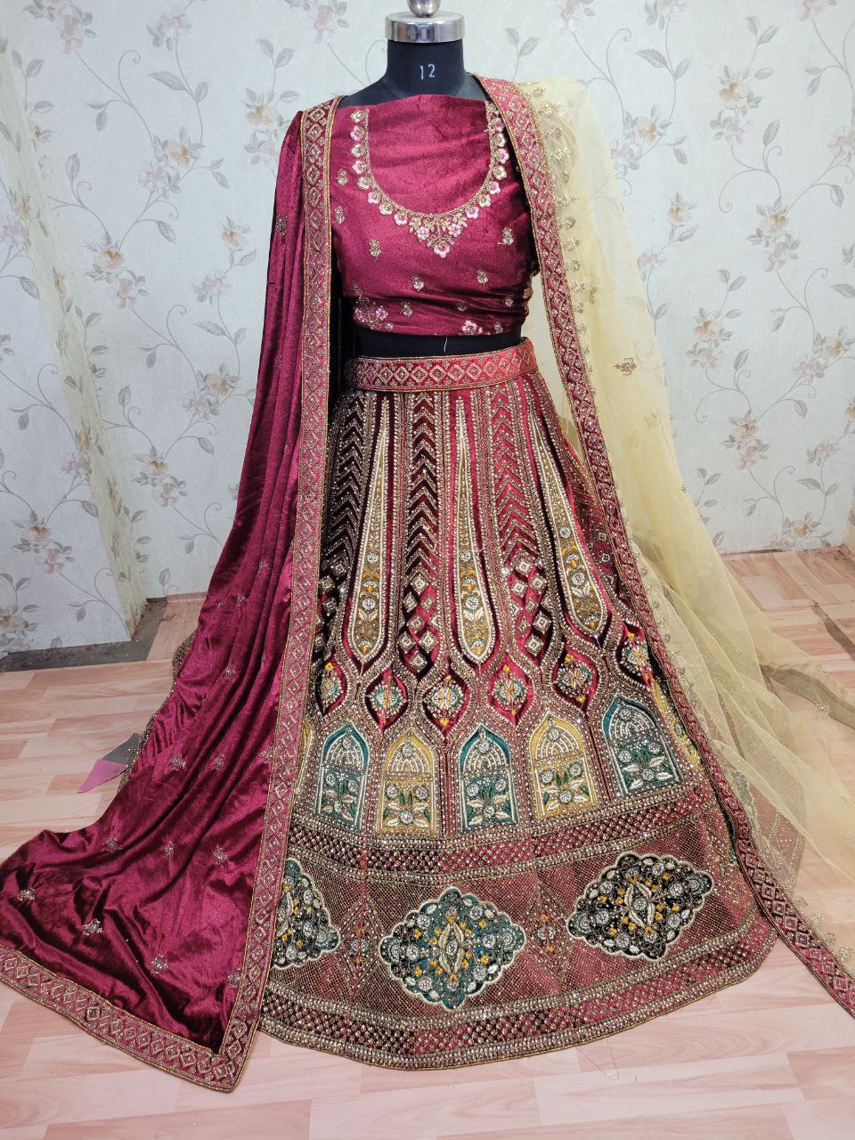 Heavy Pure Lycra Velvet Zarkan Work Multi Colour Double Dupatta & Double Cancan Rajwadi Bridal Lehenga Choli