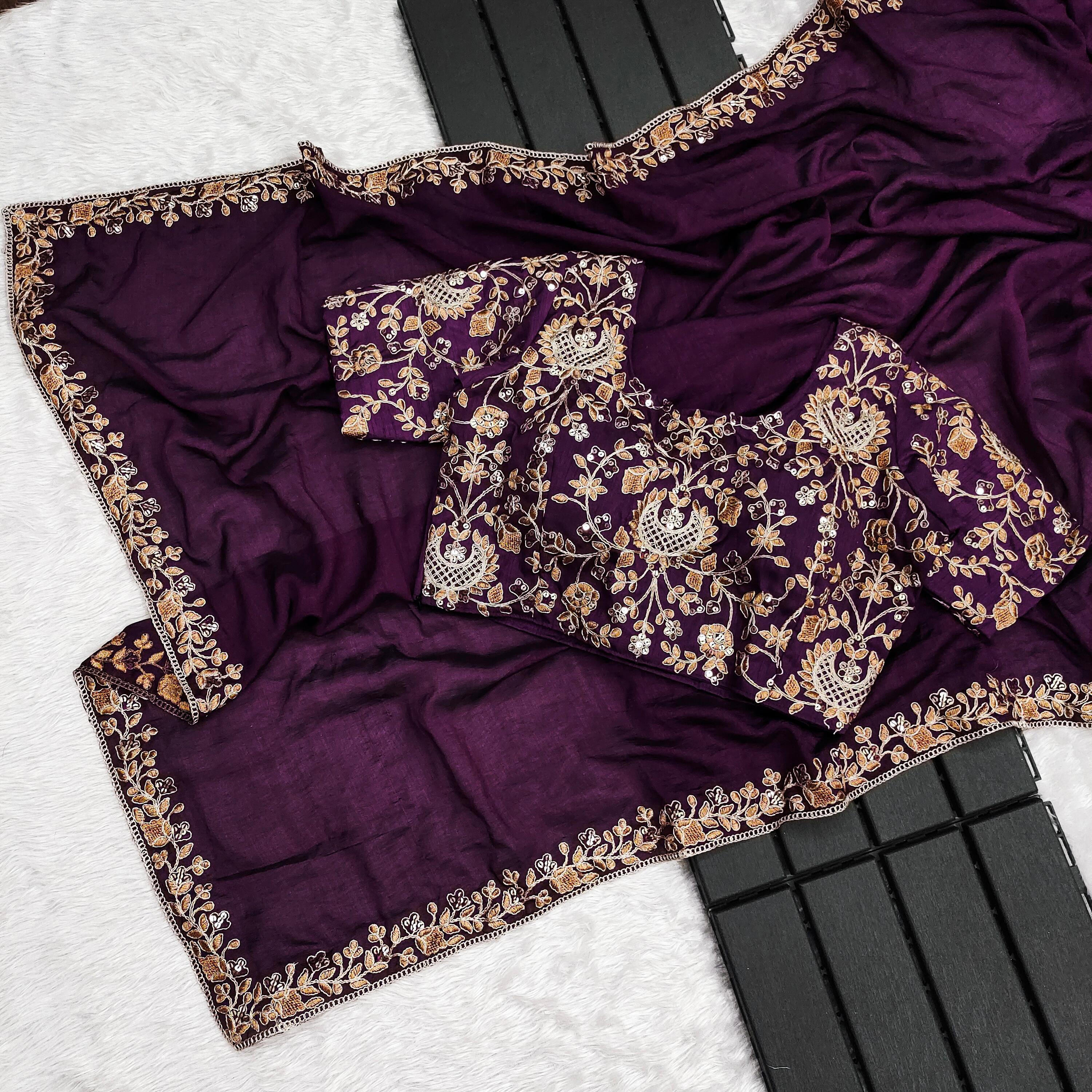 Wine Vichitra Silk Saree With Embroidery & Sequence CutWork Border