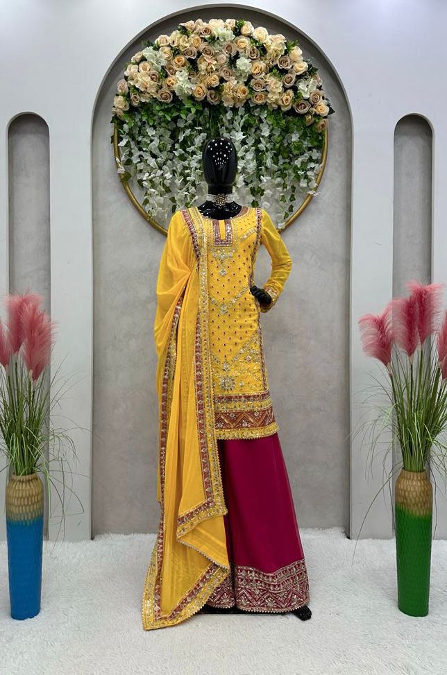 Shining Yellow Beautiful Designer Georgette Thread With Sequence Work Suit