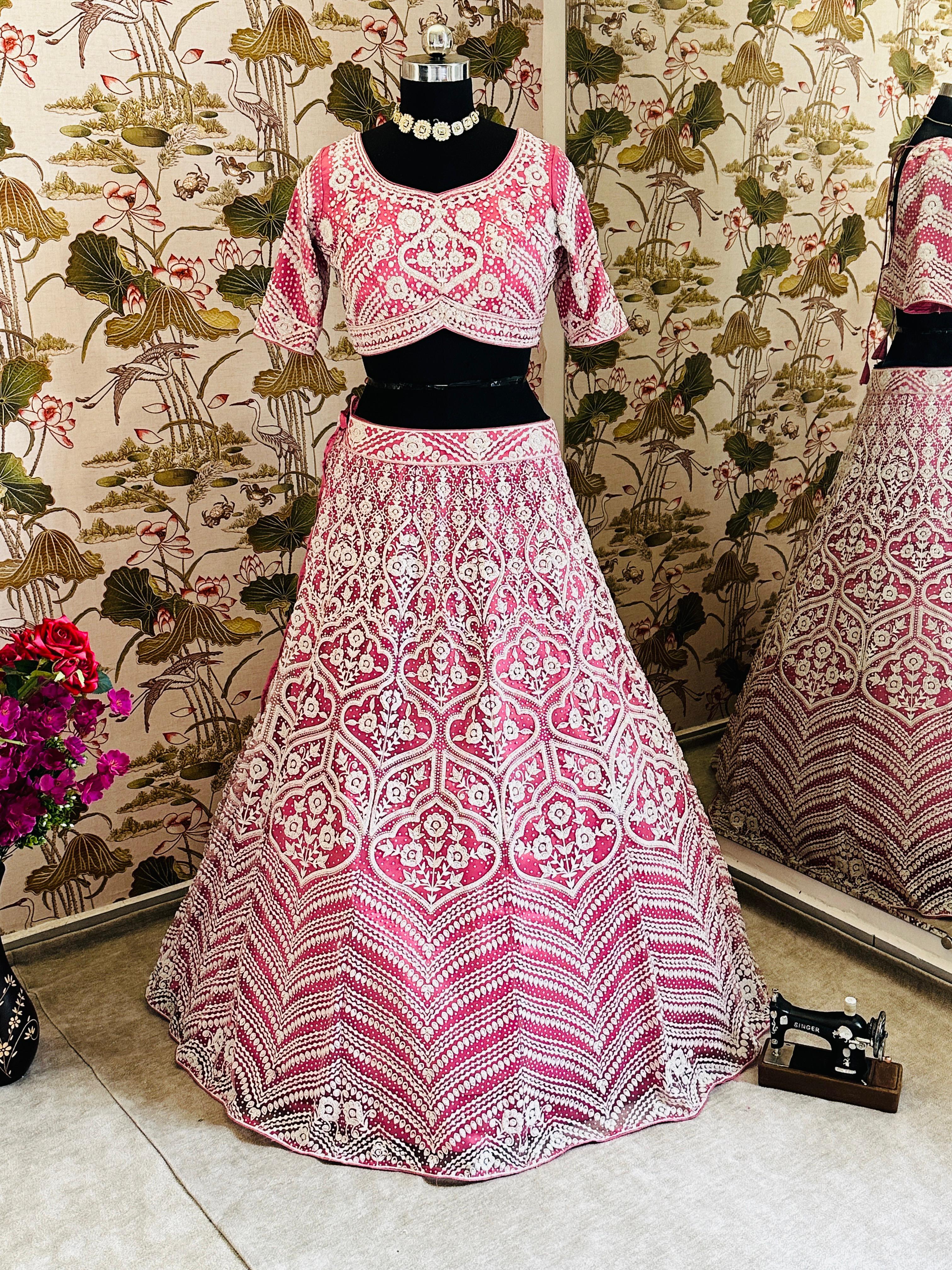 Pink Net Designer Pure Pearl Work Lehenga Choli