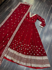 Stunning Red Colour Embroidery Work Gown