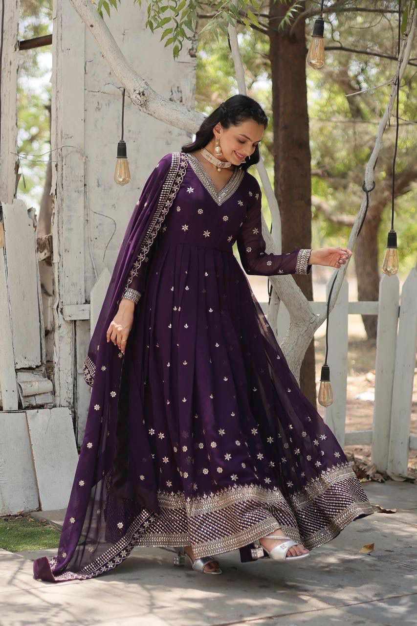 Stunning Purple Colour Embroidery Work Gown