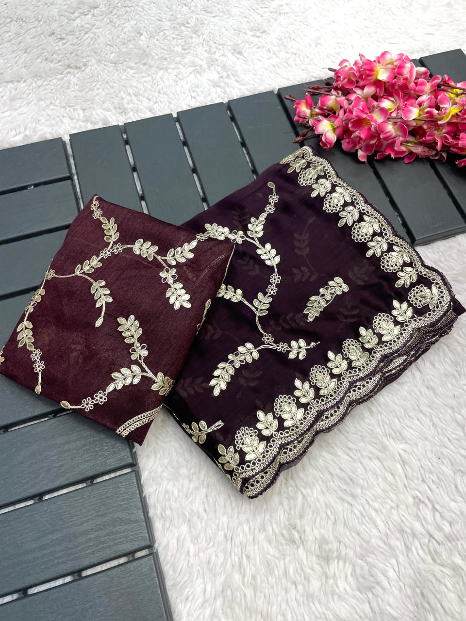 Beautiful Soft Satin Chiffon Blooming Coding Foil Thread Embroidery Work Saree