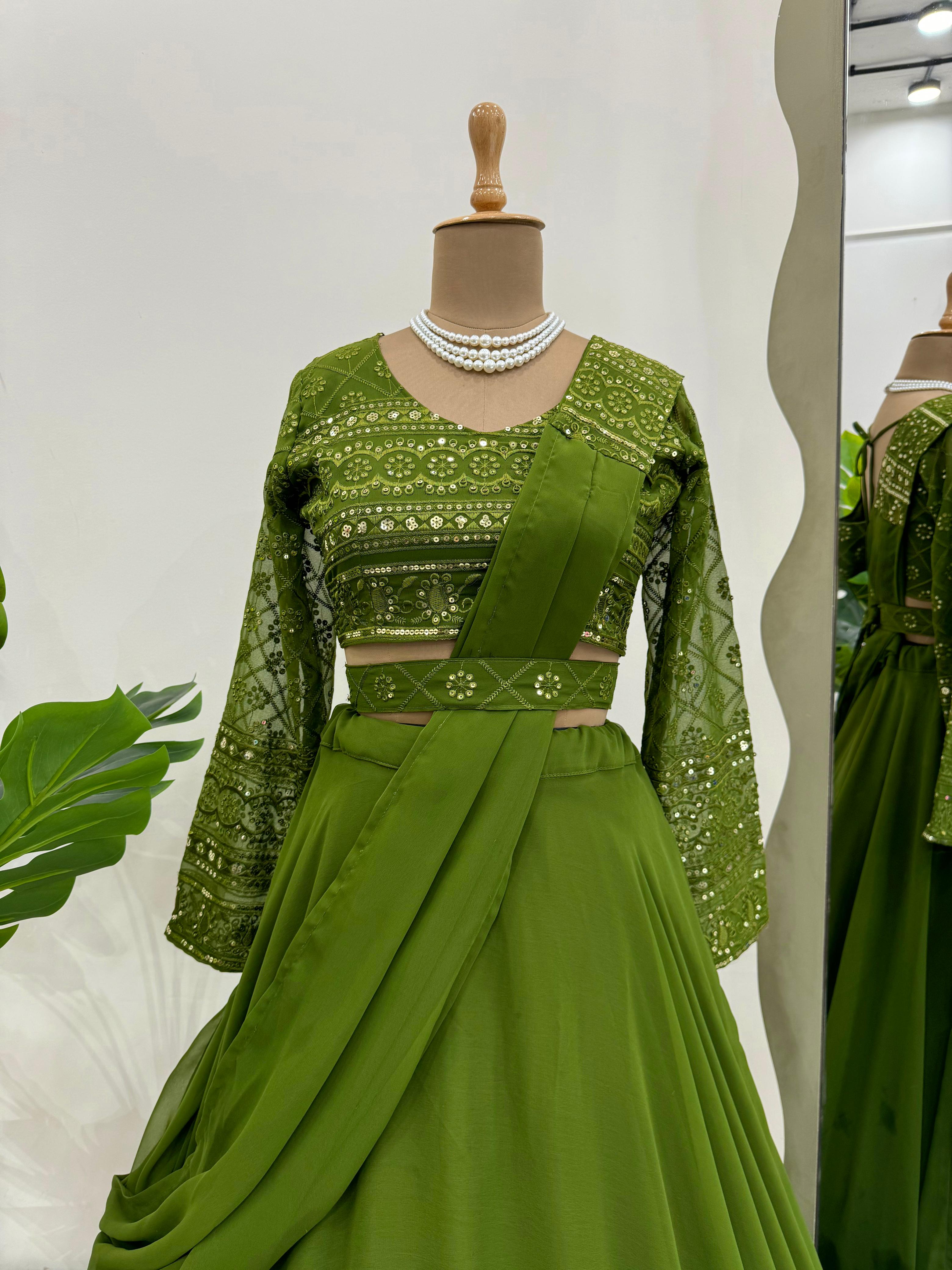 Trending Partywear Girlish Green Indo Western Lehenga Choli