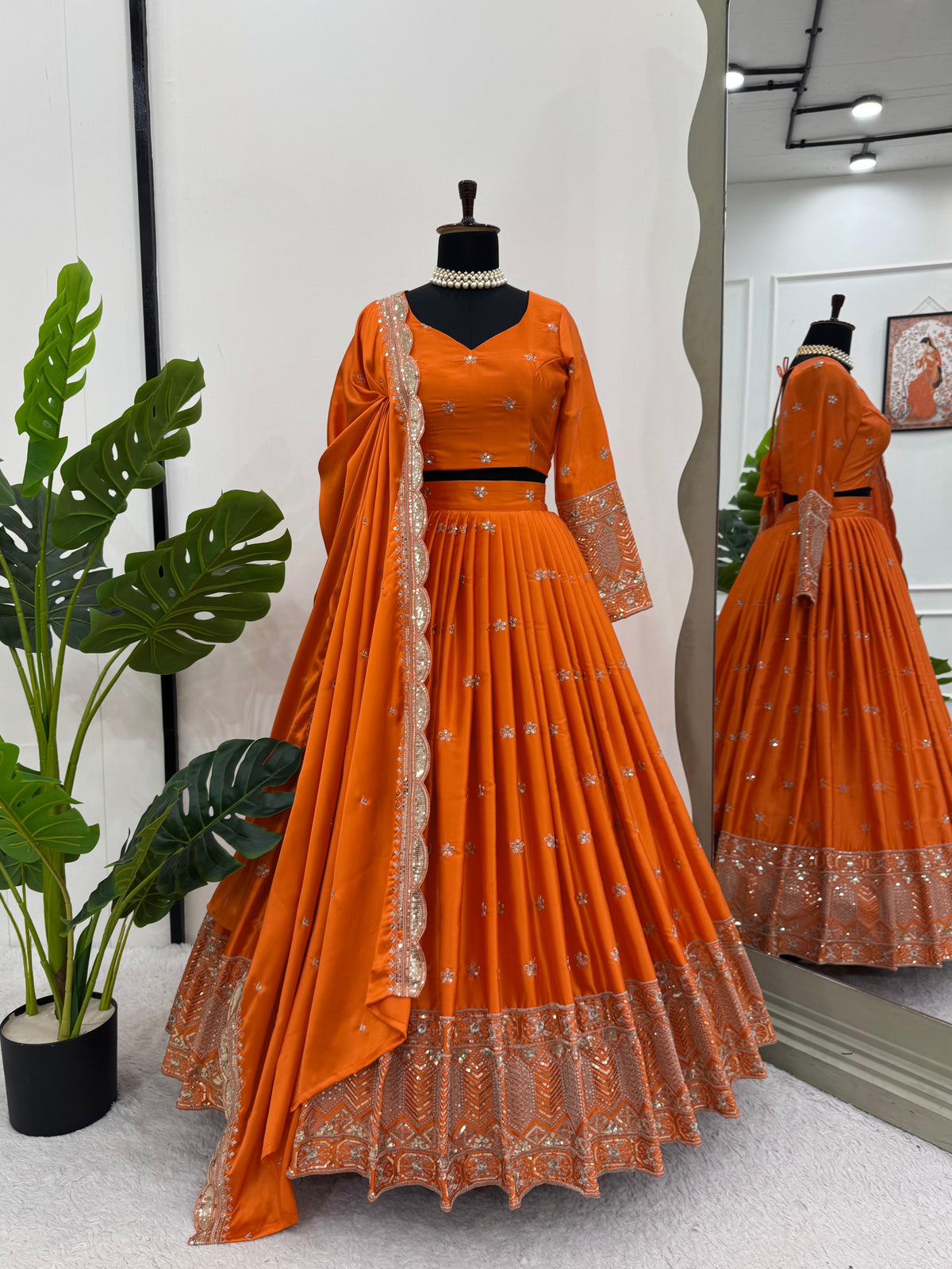 Outstanding Orange Satin Silk Thread With Sequence Work Lehenga Choli