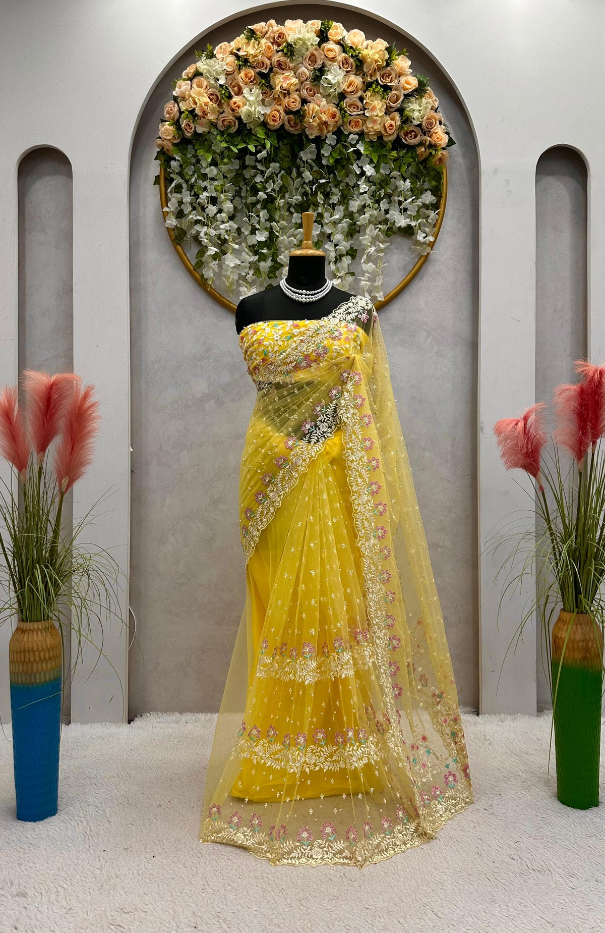 Attractive Yellow colour Beautiful Designer Soft Net Saree