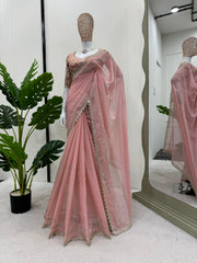 Awesome Peach Beautiful Designer Partywear Tibby Silk Saree