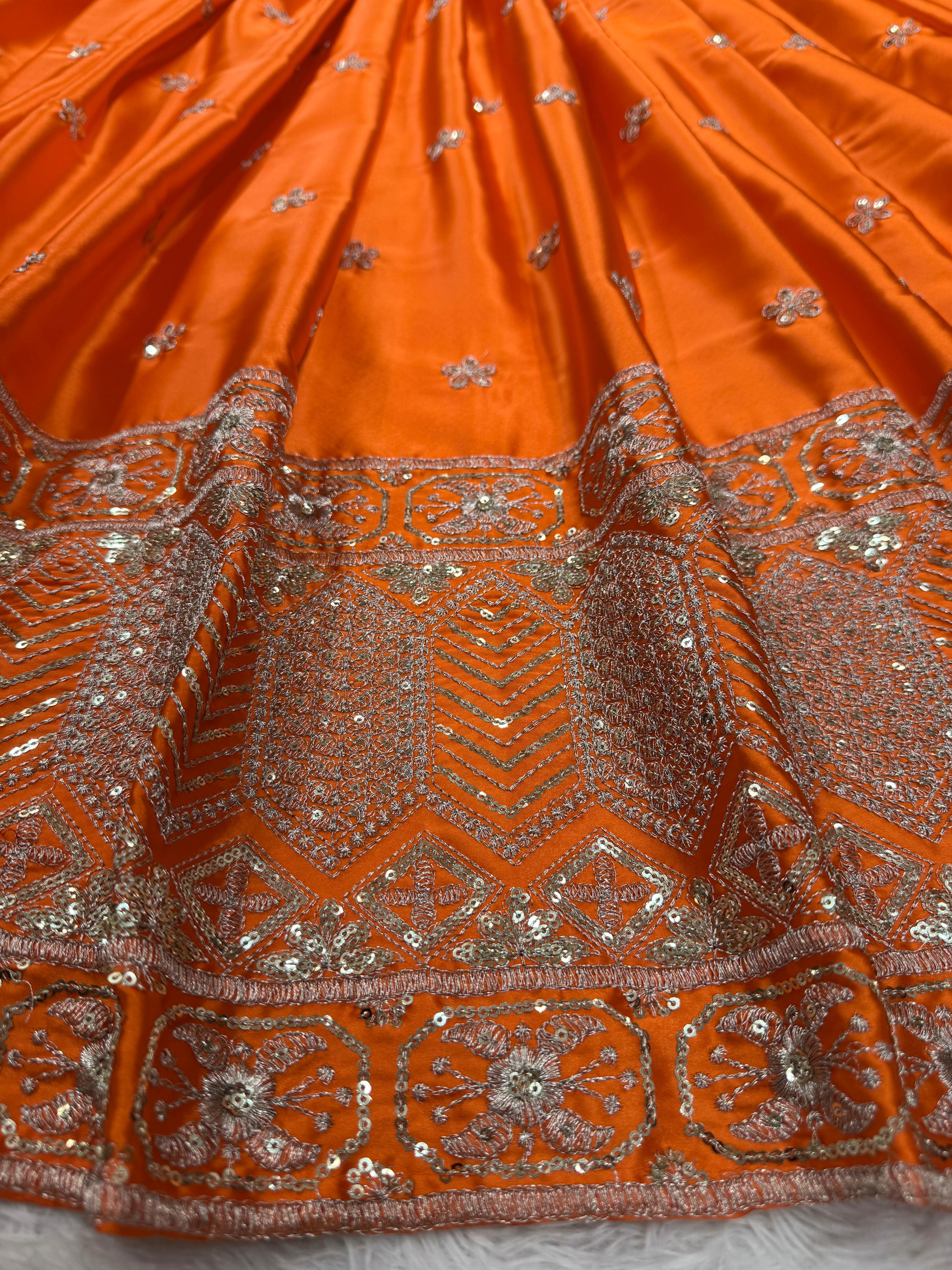 Outstanding Orange Satin Silk Thread With Sequence Work Lehenga Choli