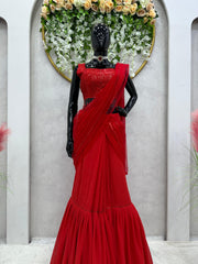 Trending Party-wear Red Butterfly Net Ready To Wear Lehenga Saree