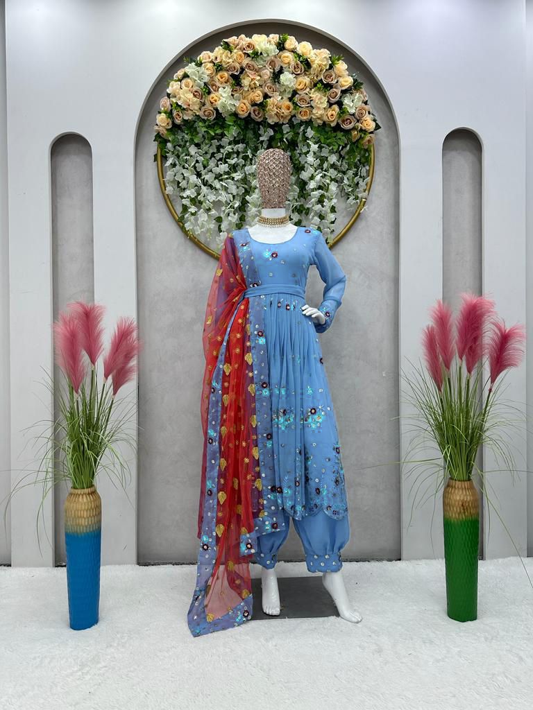 Pretty Sky Blue Flower Design Georgette Dress