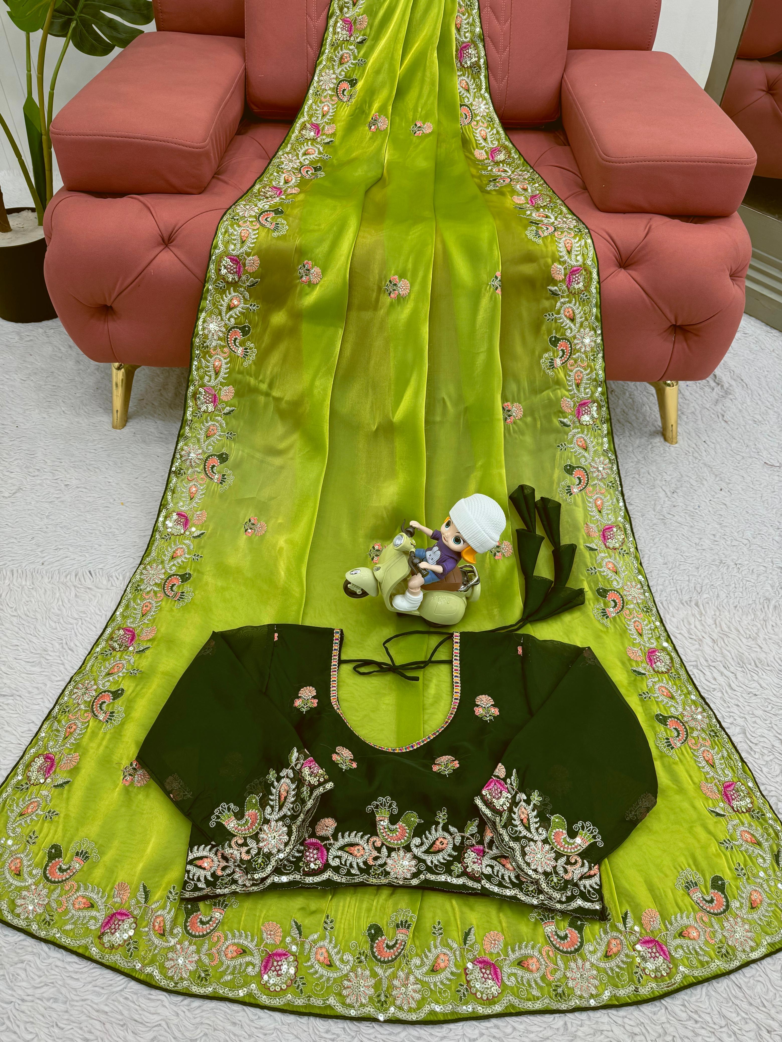 Beautiful Designer Green Tibby Silk Saree