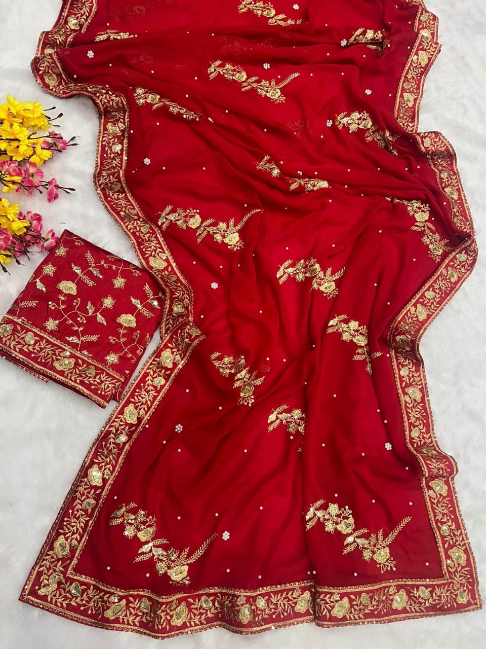 Trending Designer Zari Sequence Patches All Over Saree