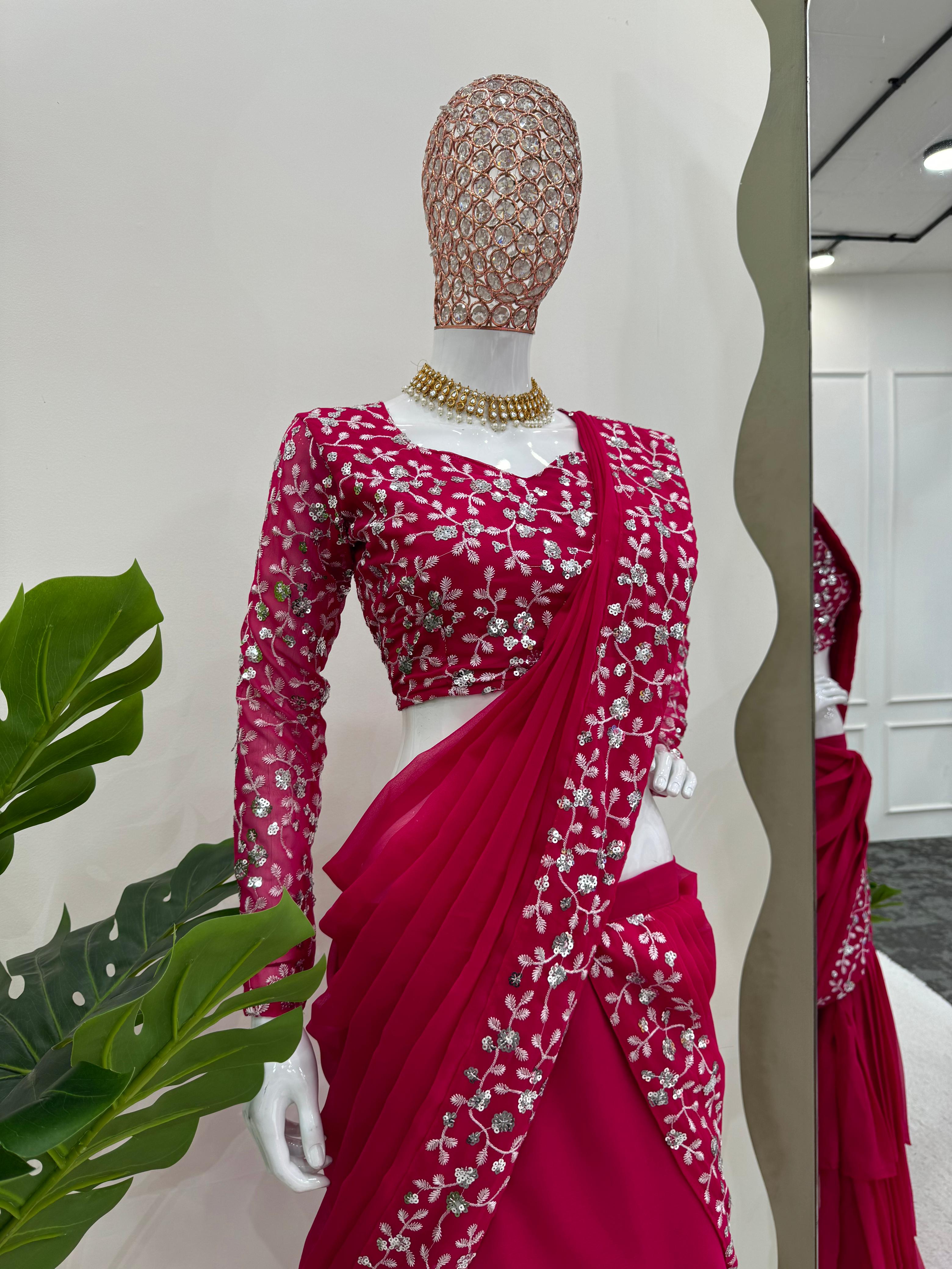 Pink Stylish Ready To Wear Ruffle Style Lehenga Saree