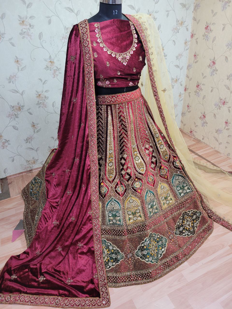 Heavy Pure Lycra Velvet Zarkan Work Multi Colour Double Dupatta & Double Cancan Rajwadi Bridal Lehenga Choli