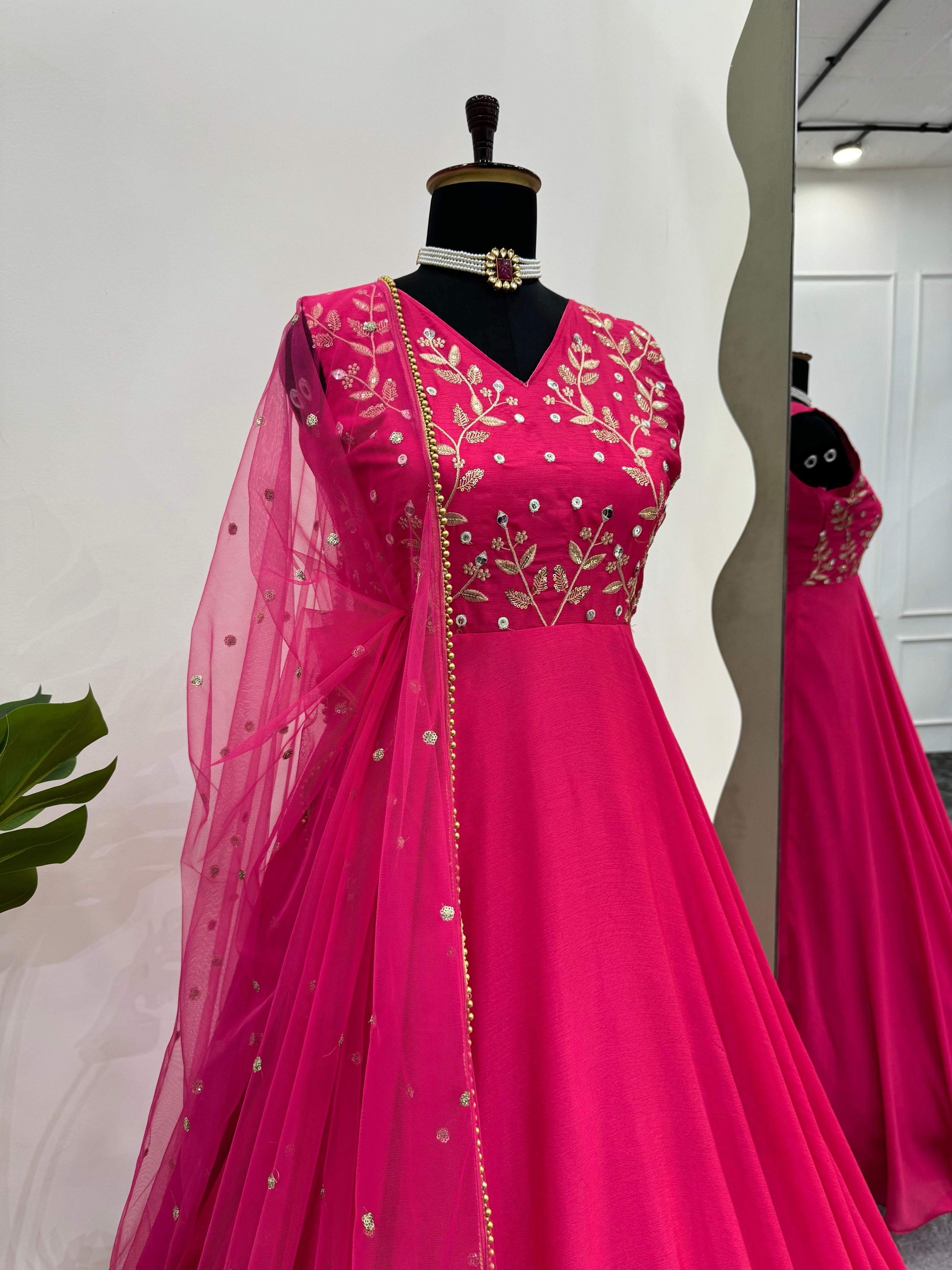 Pretty Pink Chinon Silk Party-wear Gown