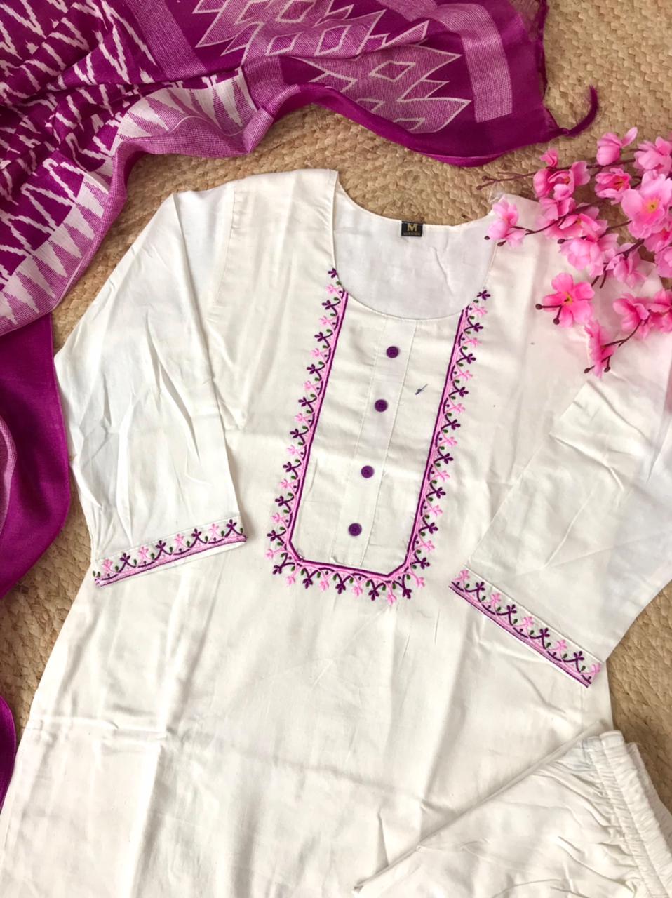 Style-cast White Khadi Cotton with Beautiful Embroidery Work Dress