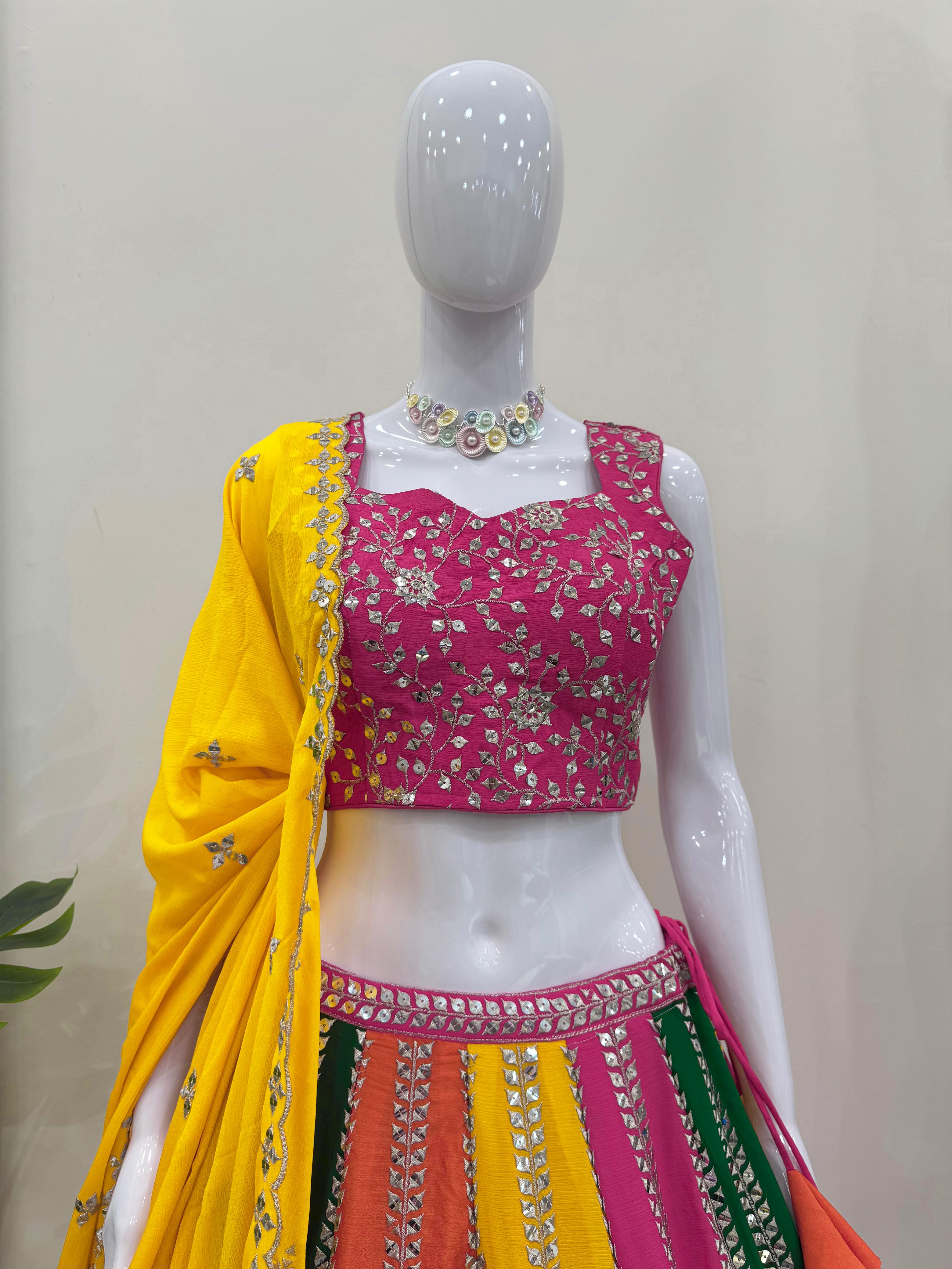 Trending Multi Colored Chinon Silk Thread With Sequence Work Lehenga Choli