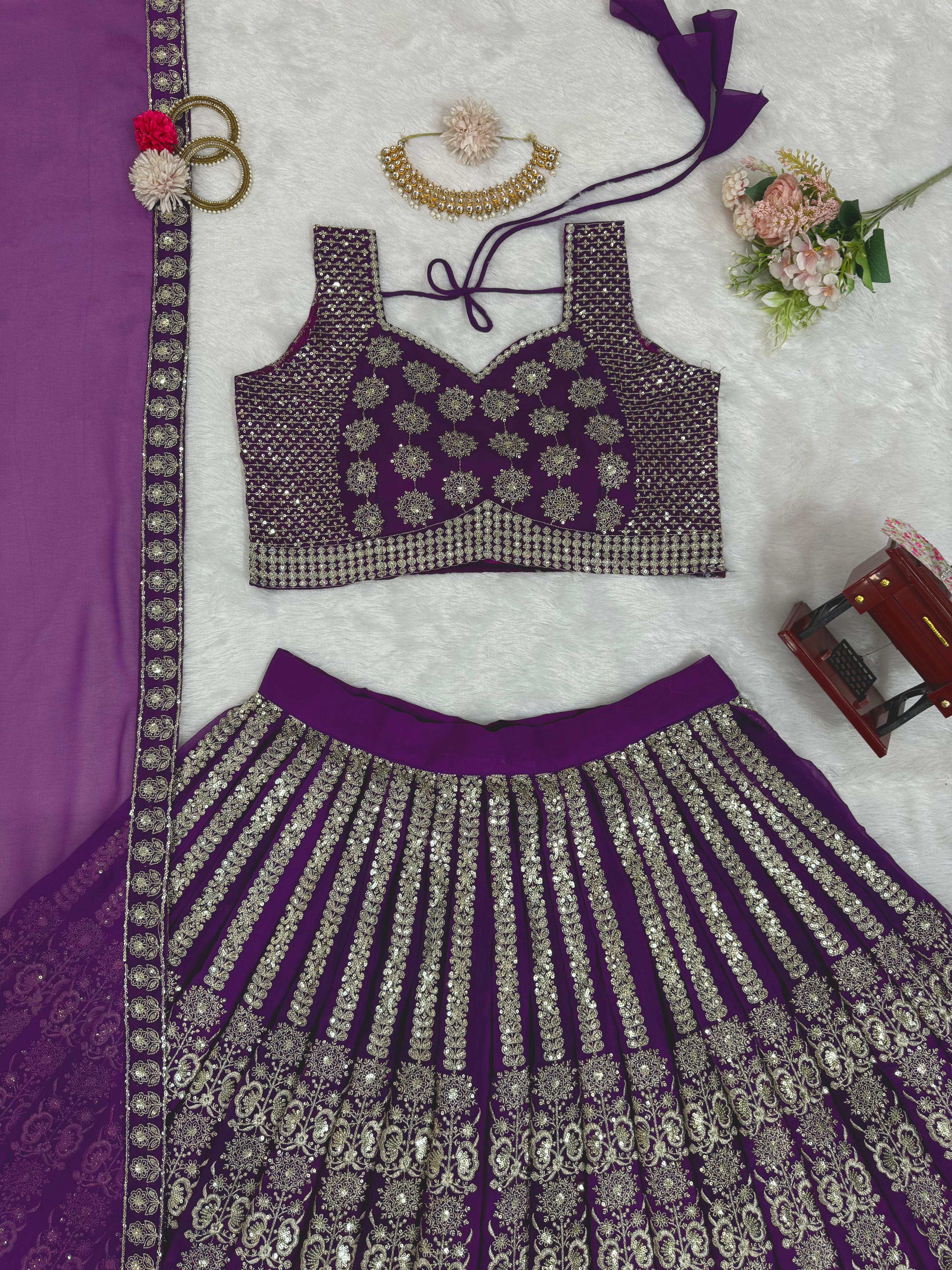 Shining Purple Partywear Sequence With Thread Work Designer Lehenga Choli