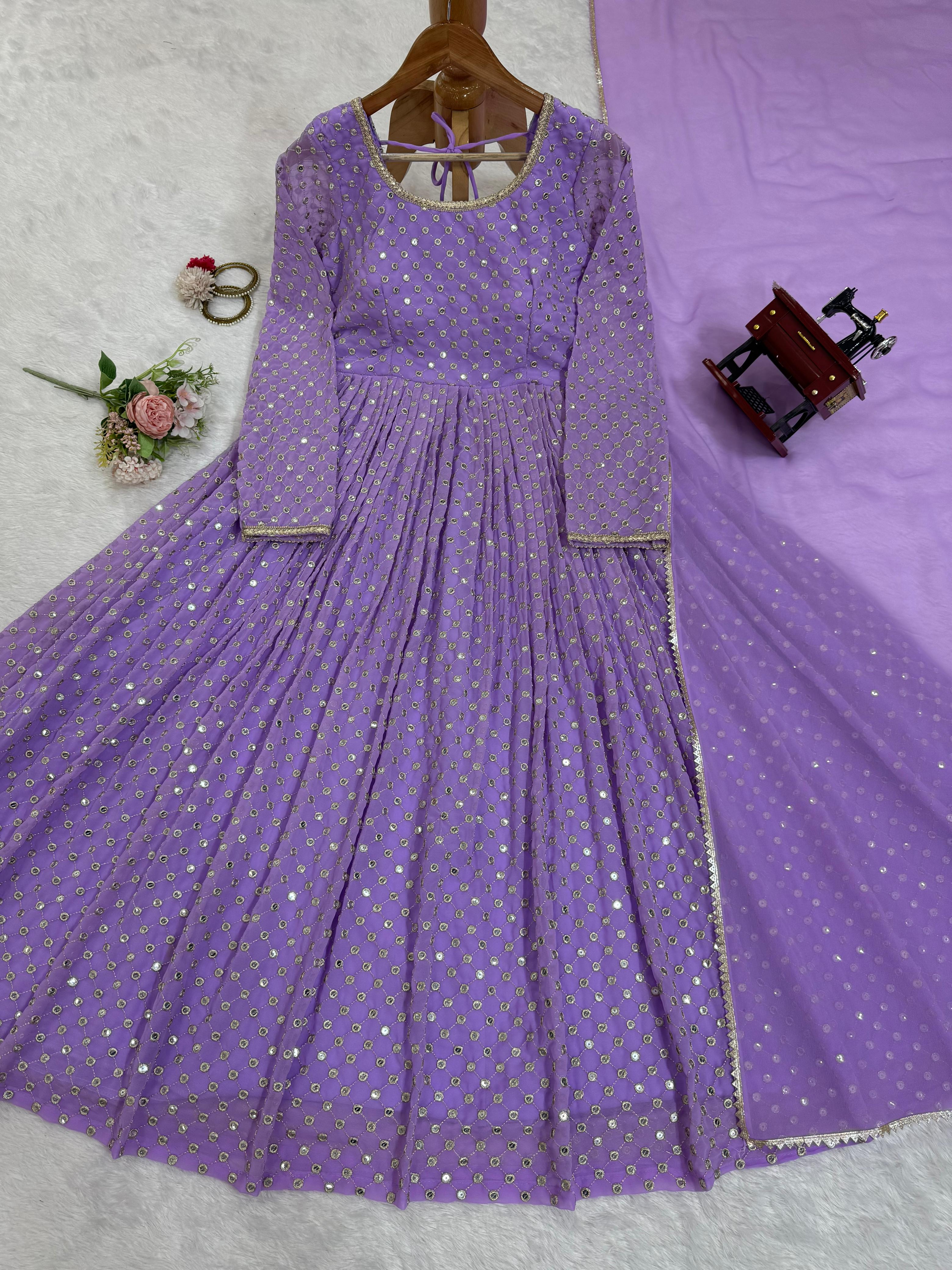 Beautiful Designer Lavender Georgette Thread With Sequence Work Gown