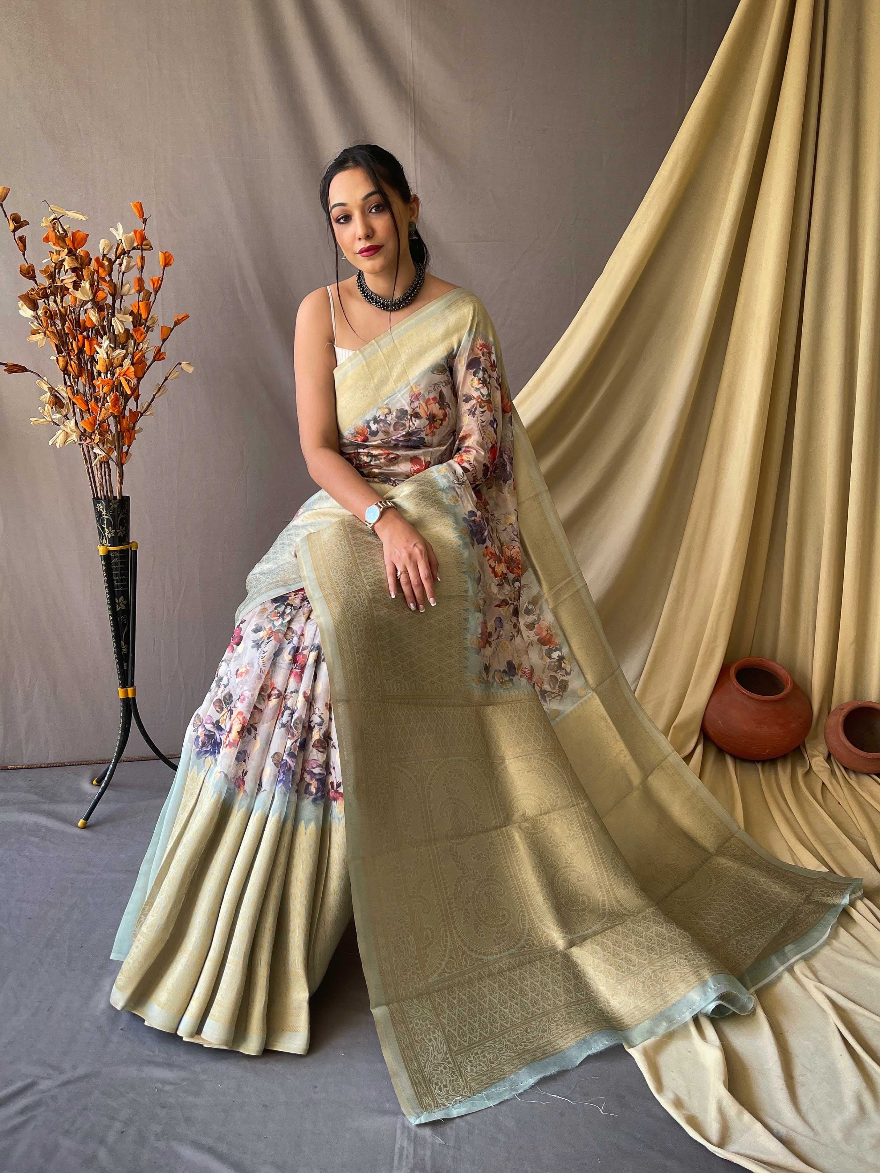 Beautiful Digital Printed Pure Kora Organza Saree