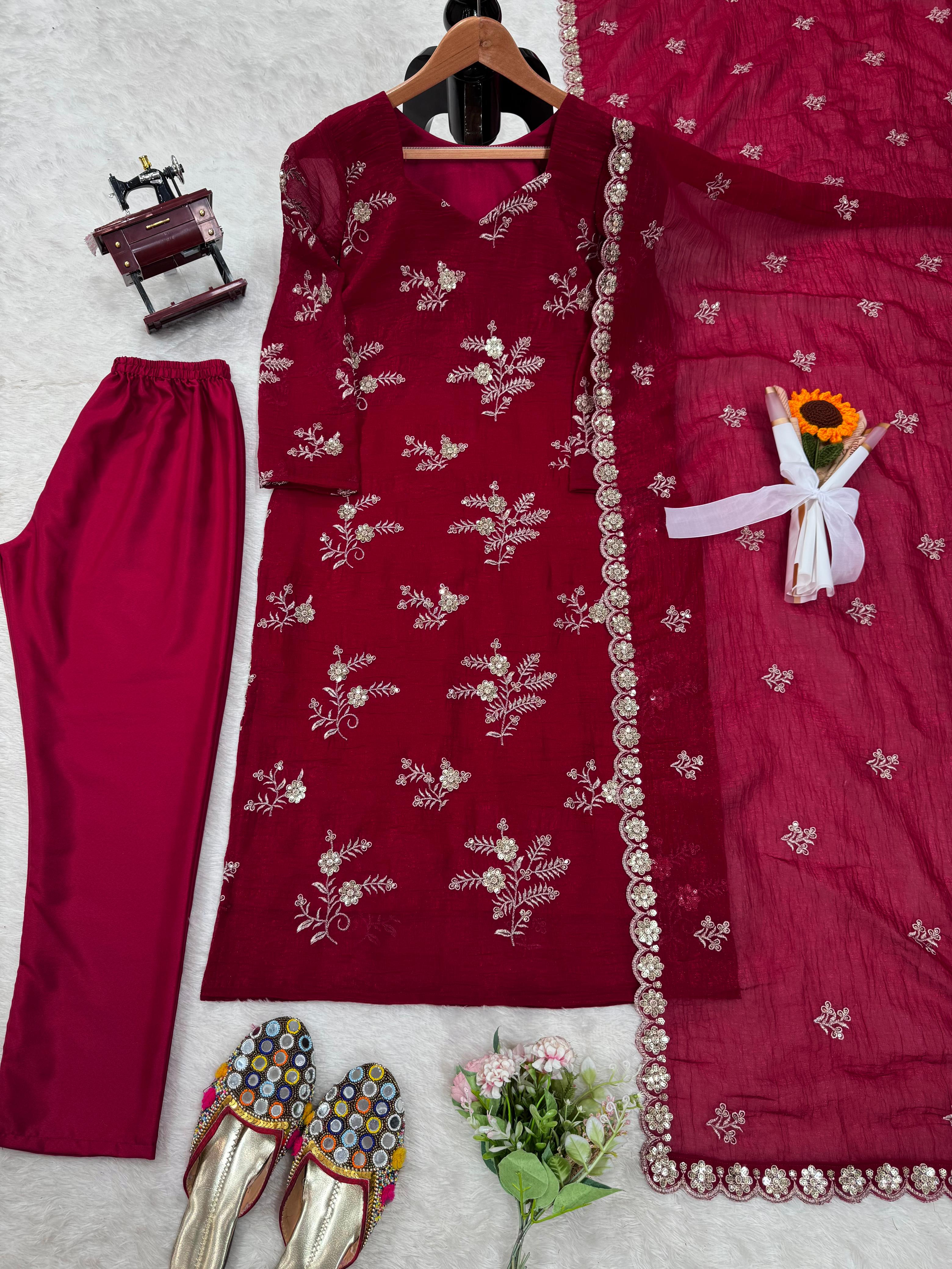 Party-wear Crunchy Silk Thread With Sequence Work Salwar Suit