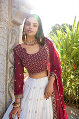 Wedding Special Georgette White & Red Combination Sequence With Thread Embroidery Work Lehenga Choli