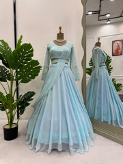 Trending Partywear Stylish Sky Blue Indo Western Lehenga Choli