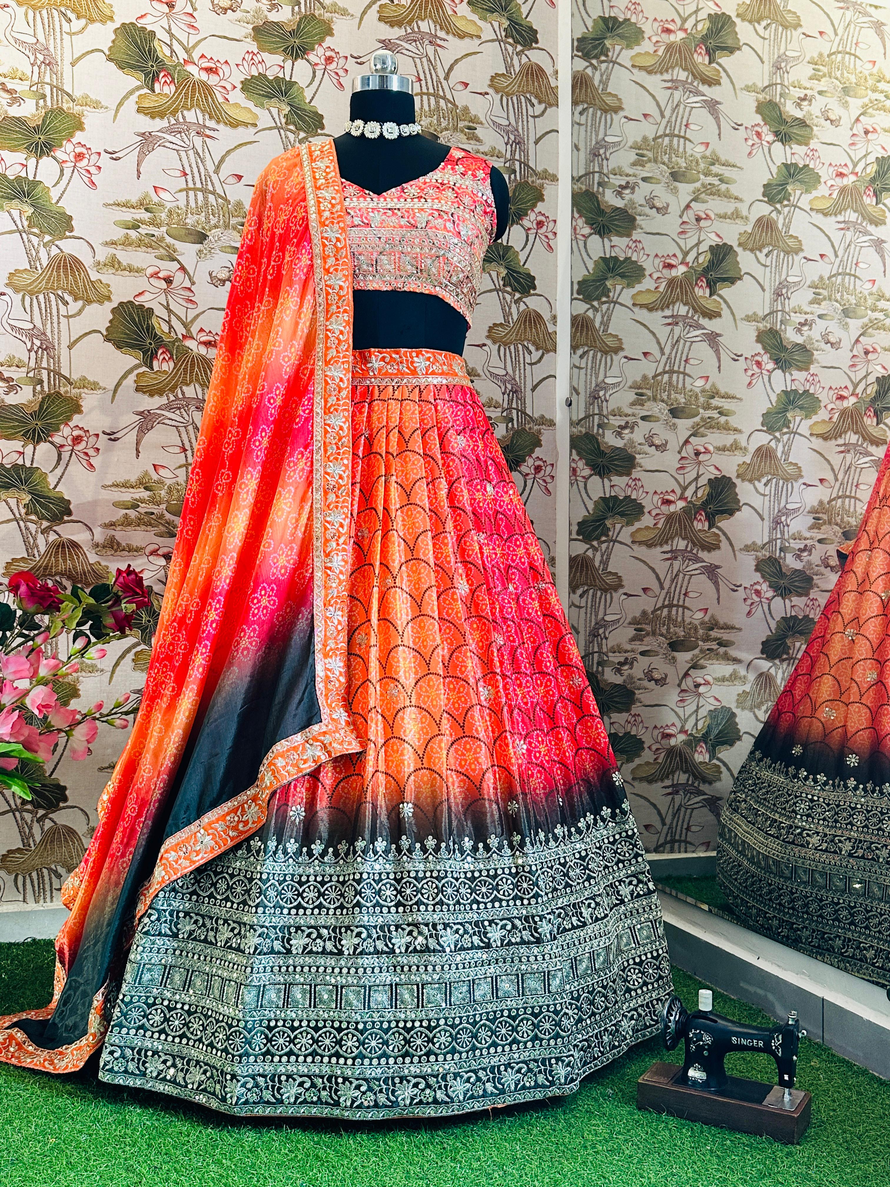 Beautiful Chinon Silk Digital Printed Embroidery & Sequence Work Lehenga Choli