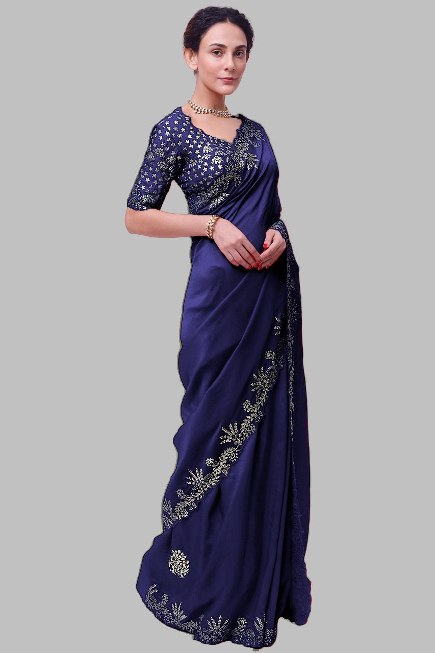 Stunning Blue Diamond Chinon Silk Saree