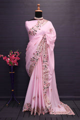 Pretty Pink Diamond Chinon Silk with Heavy Embroidery Work Saree