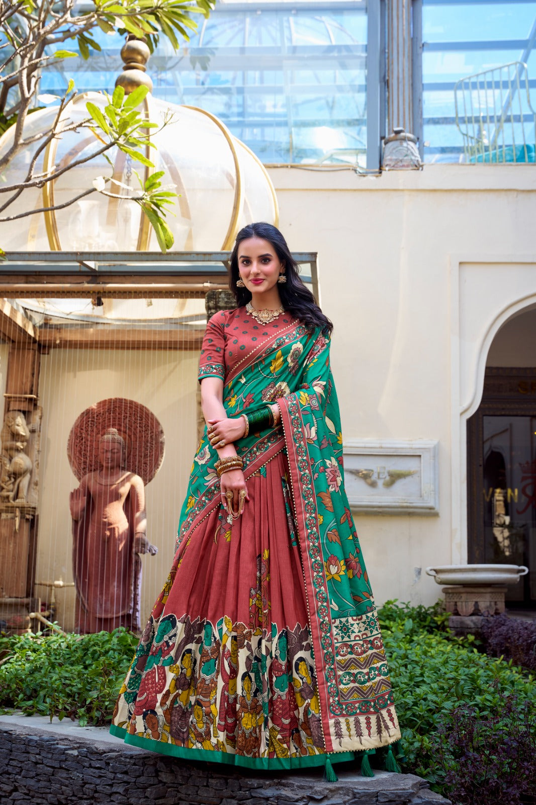 Beautiful Traditional Tussar Silk kalamkari With Foil Work Lehenga Choli