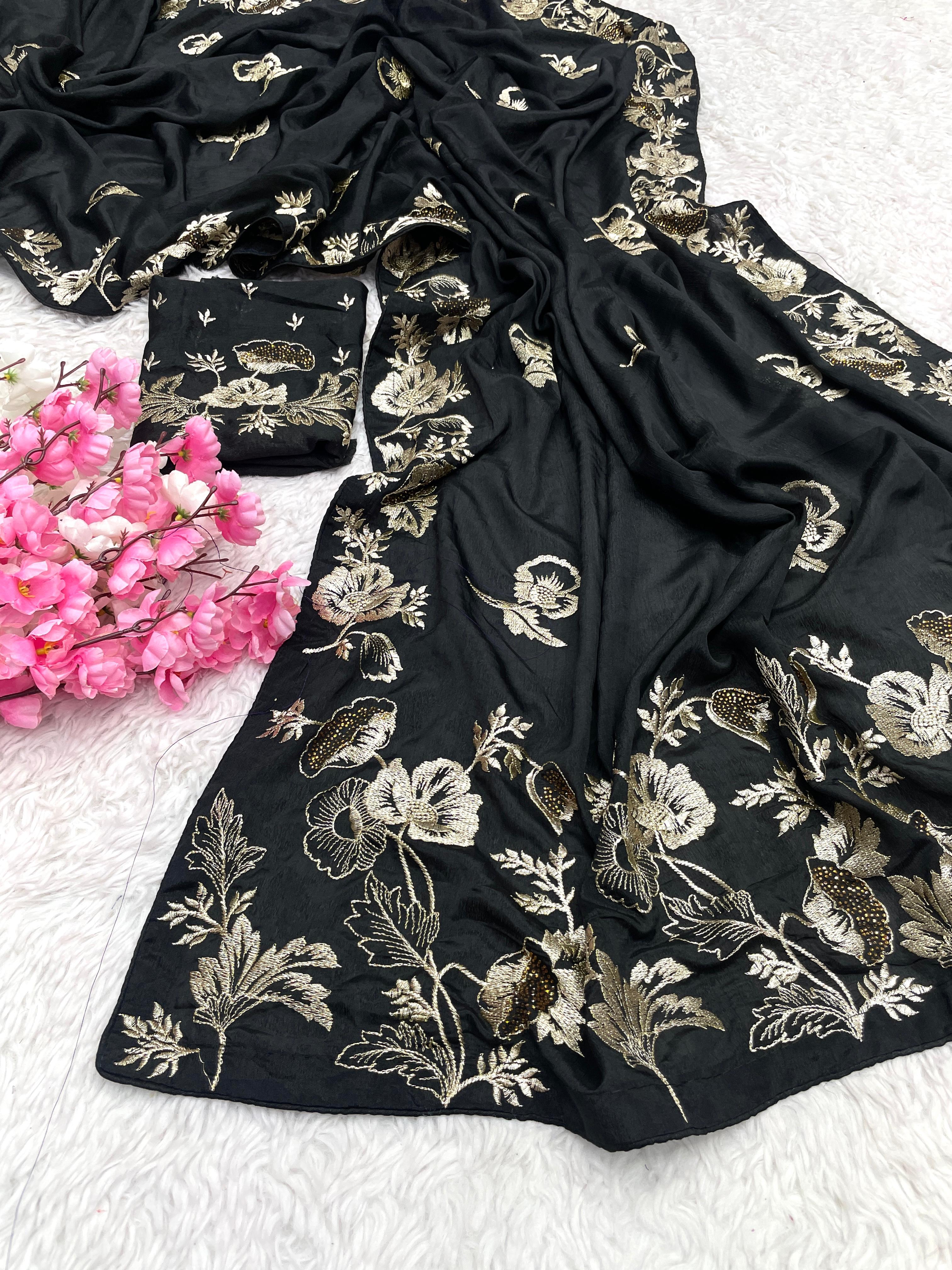 Festival Special Chinon Blooming With Beautiful Zari Work Saree