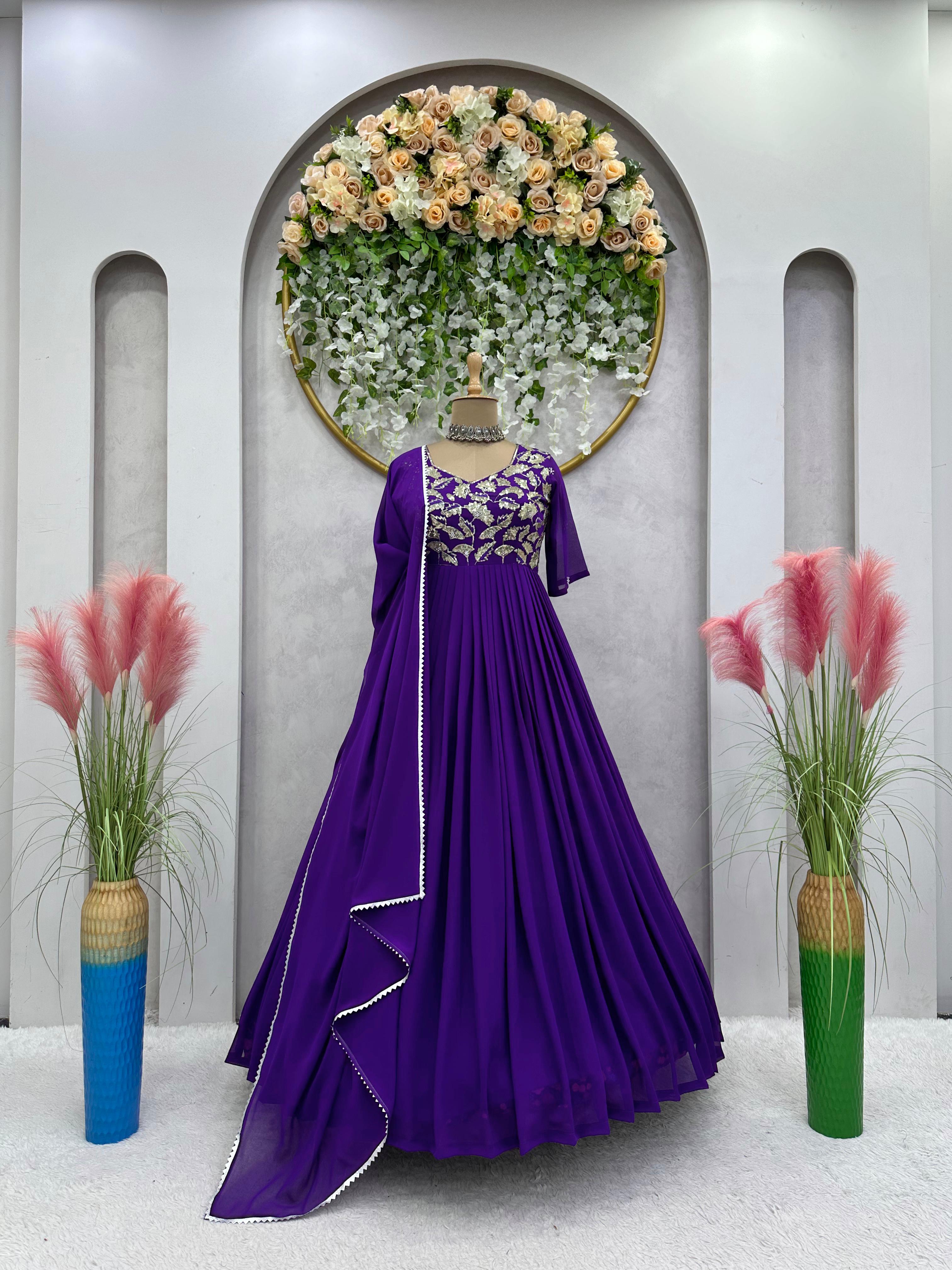 Dazzling Purple Georgette Thread With Sequence Work Gown