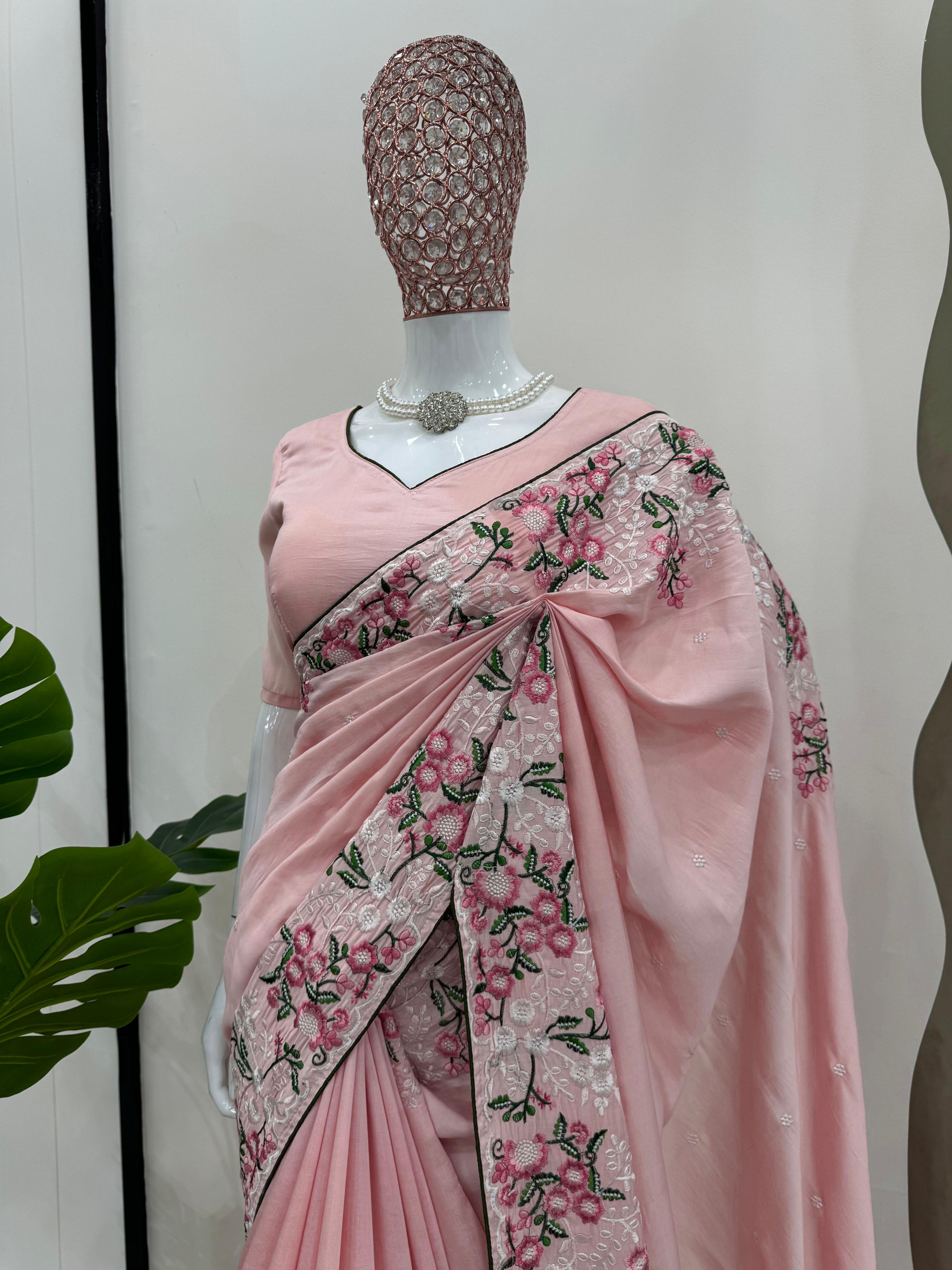 Beautiful Designer Roman Silk Thread Work With Peiping Saree