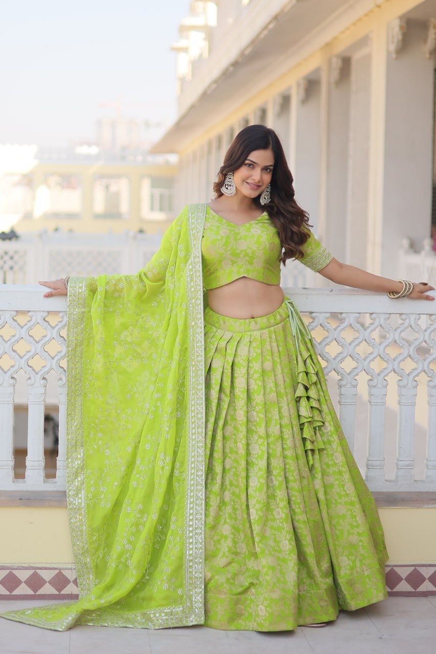 Party-wear Designer Dye-able Pure Viscose Jacquard Fabric Lehenga Choli