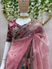 Beautiful Designer Organza Silk Embroidery Work Saree