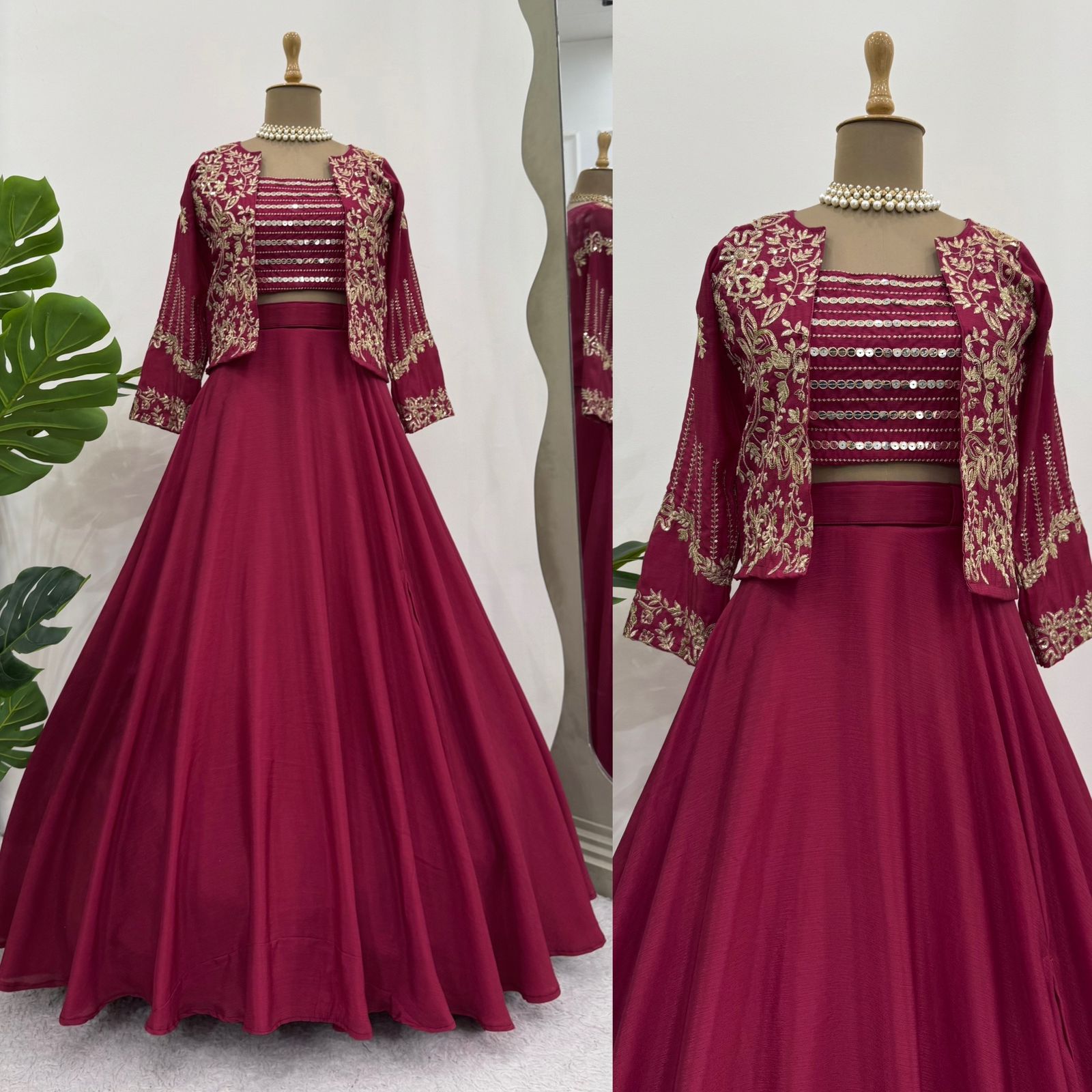 Party-wear Indo Western Chinon Silk Lehenga Choli With Koti