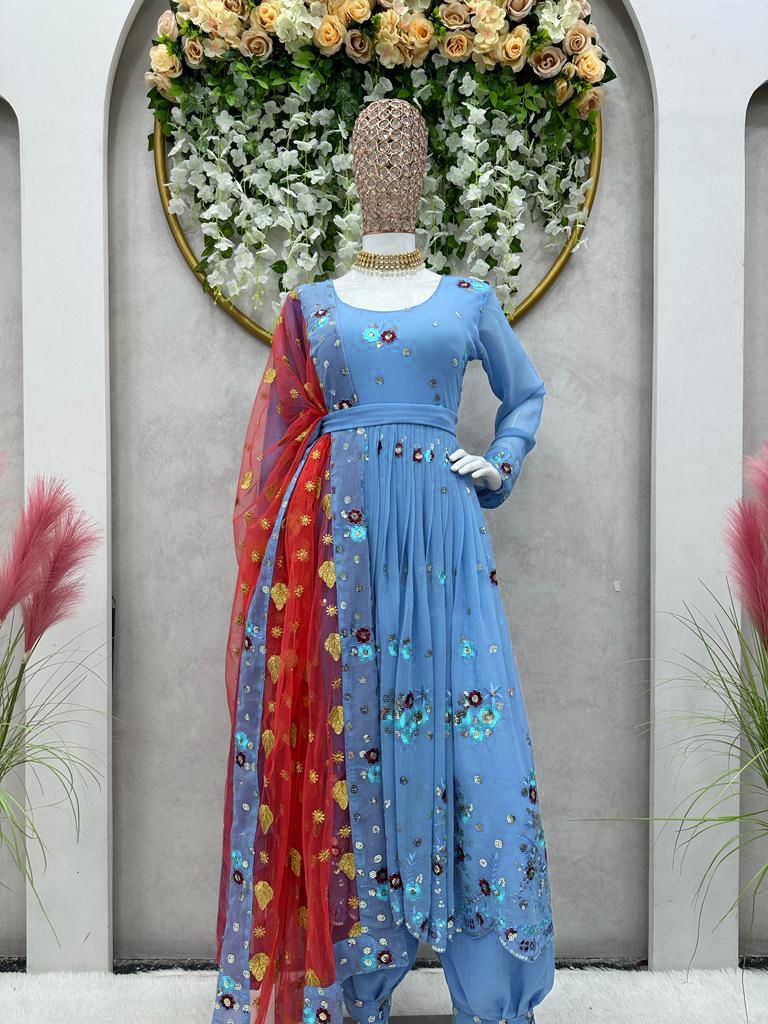 Pretty Sky Blue Flower Design Georgette Dress