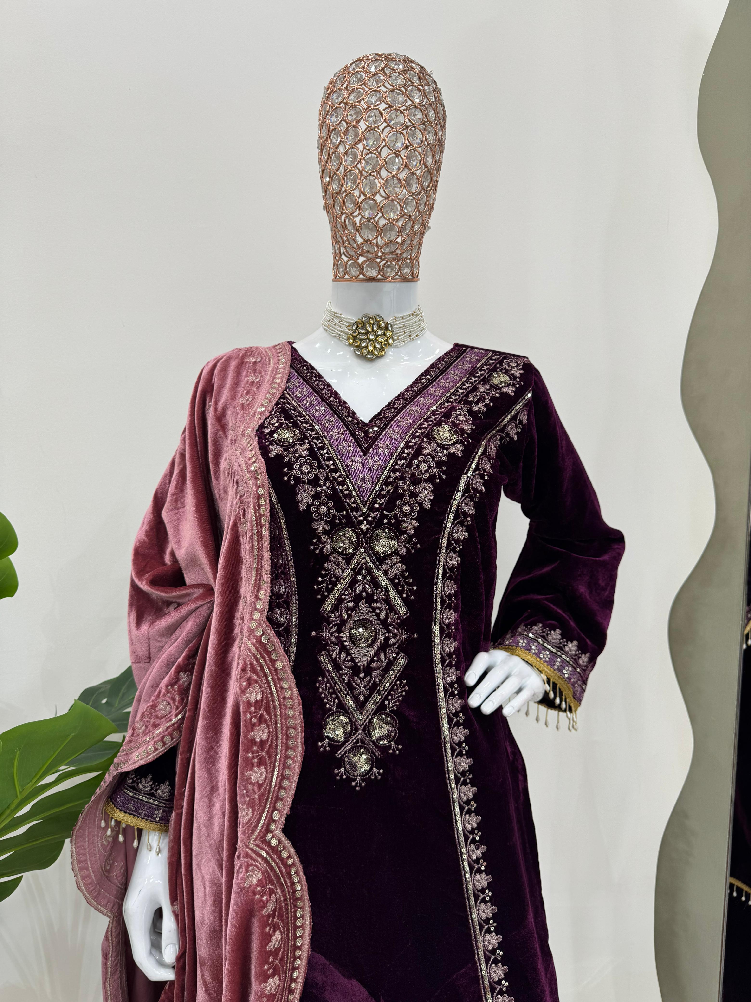 Beautiful Viscose Velvet Thread With Sequence Work Salwar Suit