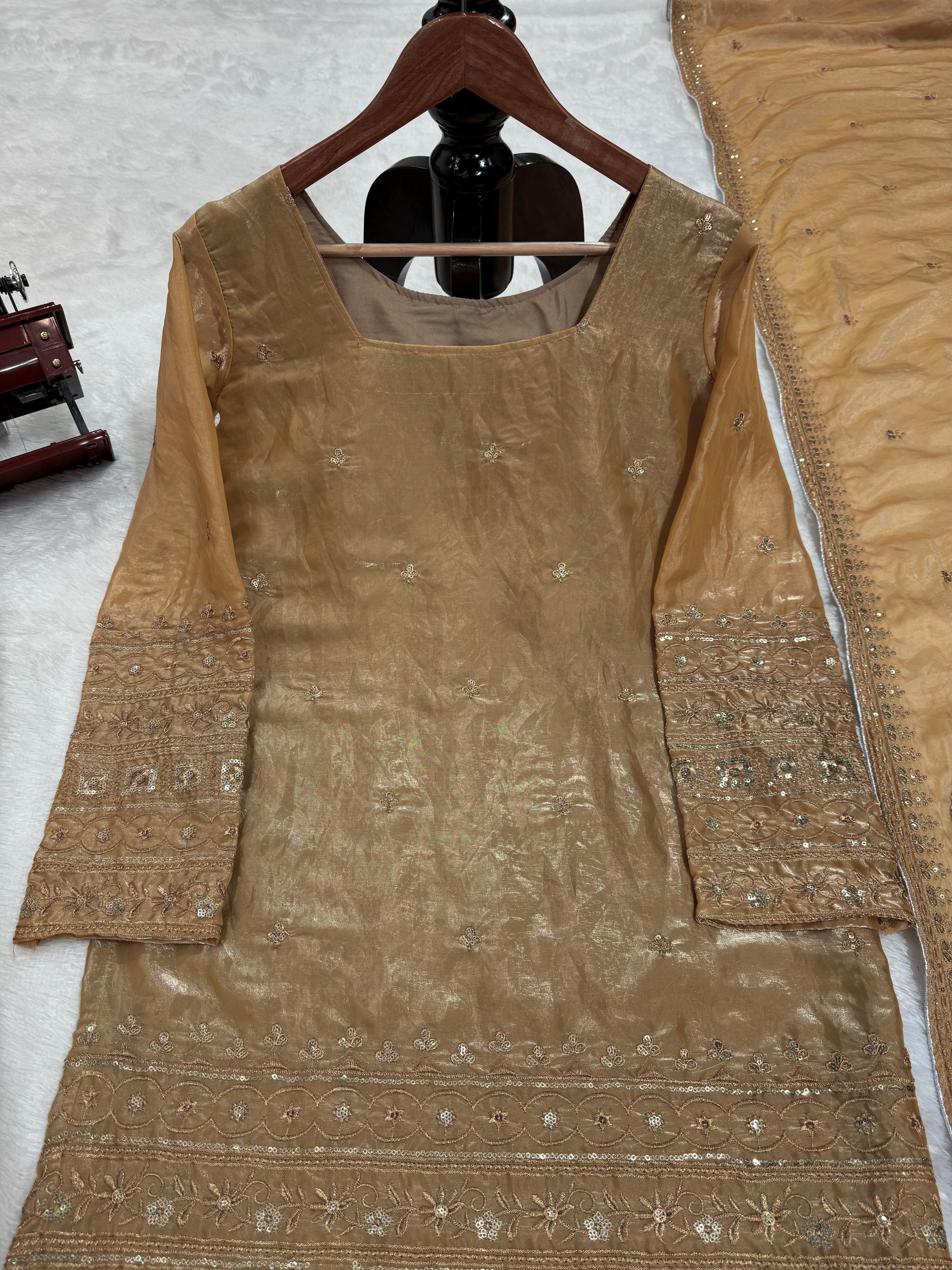 Glamorous Golden Beautiful Fandy Satin Thread & Sequence Work Salwar Suit