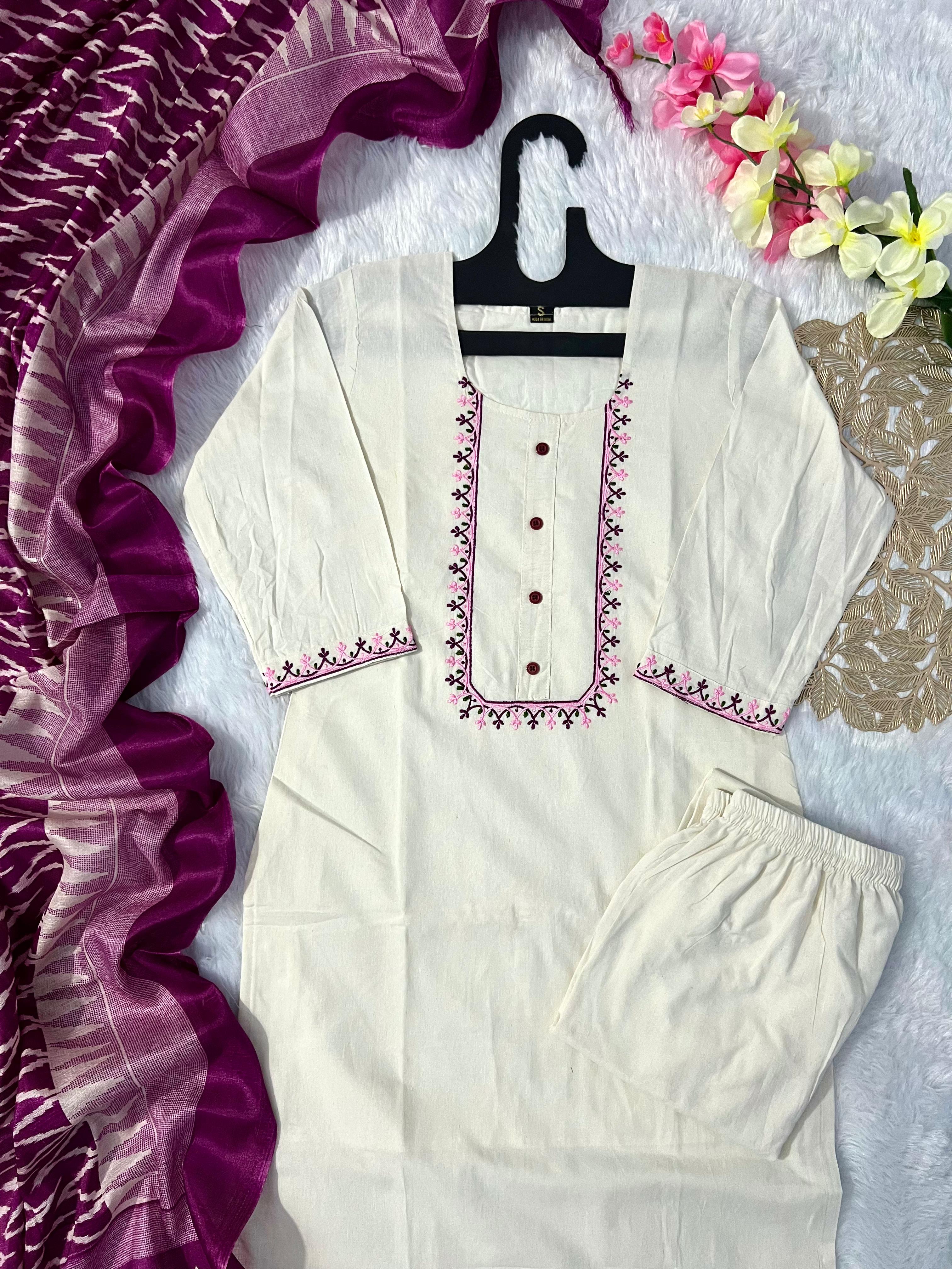 Beautiful White Cotton Dress With Embroidery Work