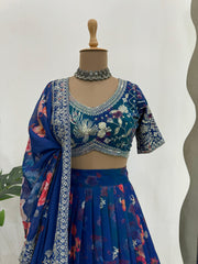 Bridesmaid Blue Georgette Silk Floral Digital Printed Lehenga