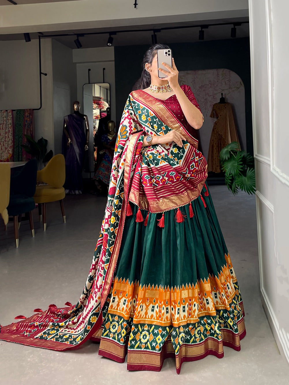 Festive Special Perfectly Blended Tussar Silk Patola Printed Lehenga Choli