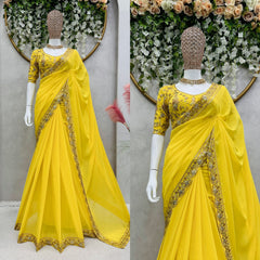 Bright Yellow Partywear Georgette Beautiful Designer Saree