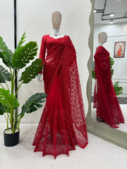 Beautiful Designer Karva Chauth Special Red Soft Net Saree