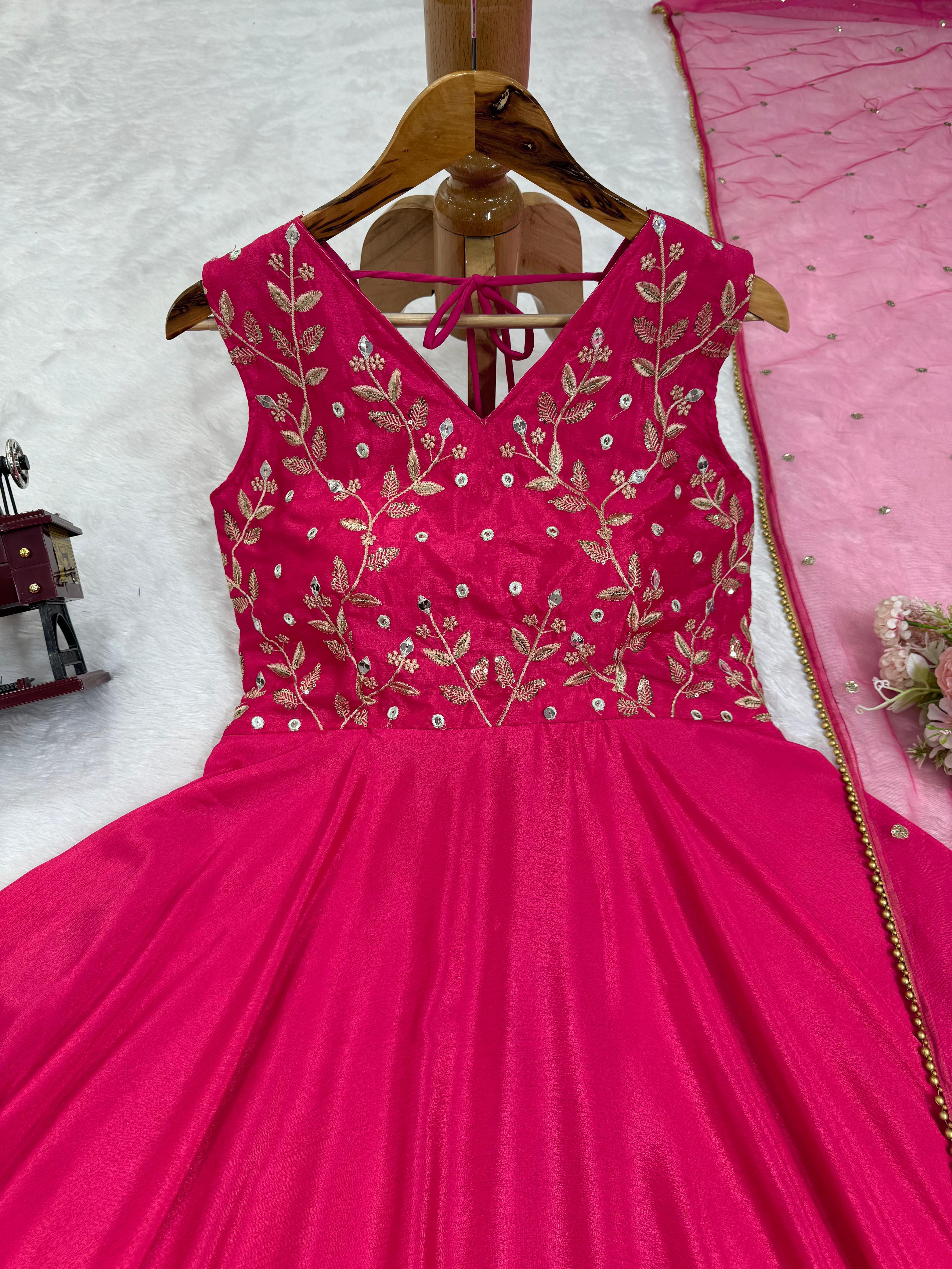 Pretty Pink Chinon Silk Party-wear Gown