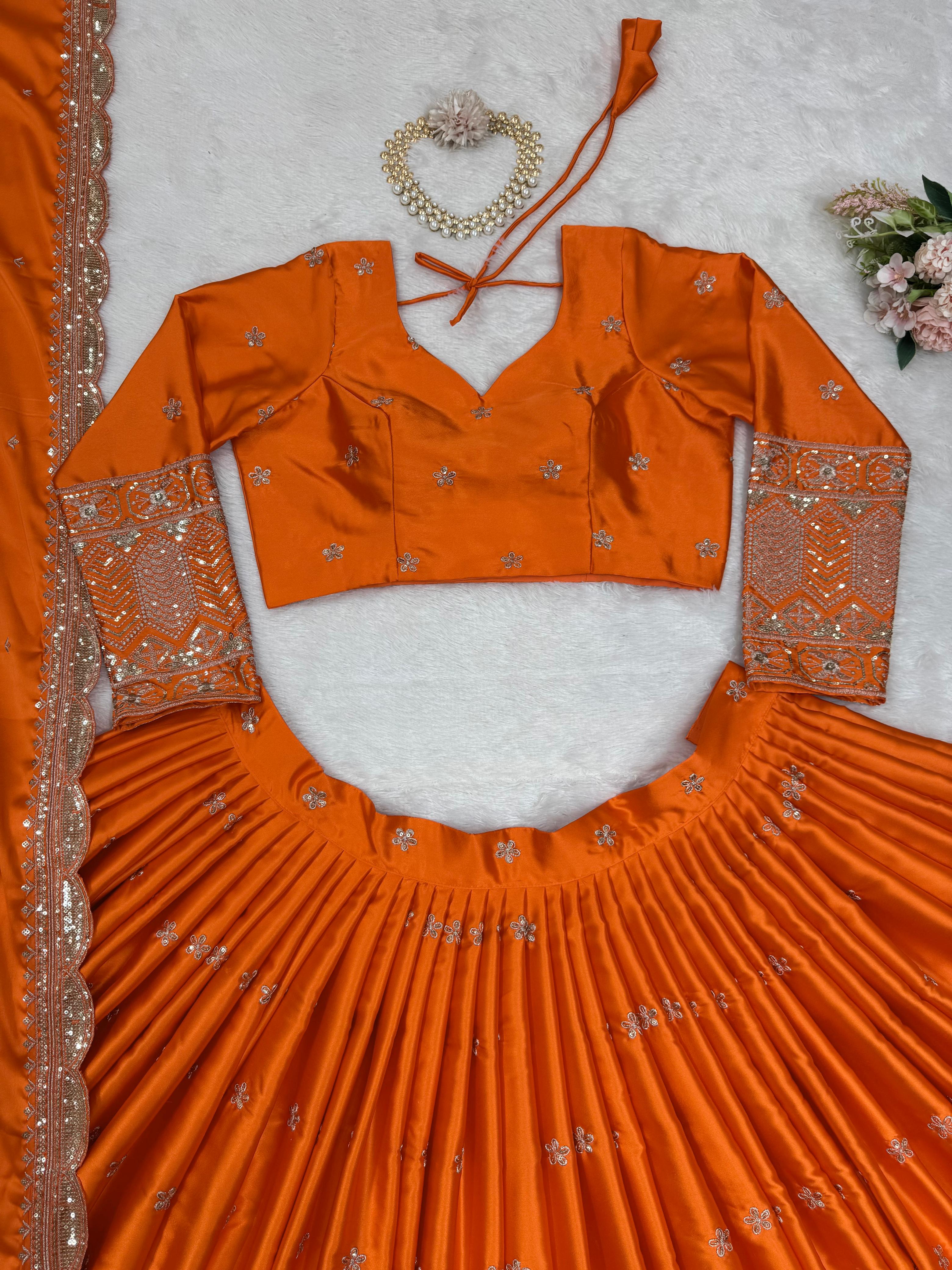 Outstanding Orange Satin Silk Thread With Sequence Work Lehenga Choli