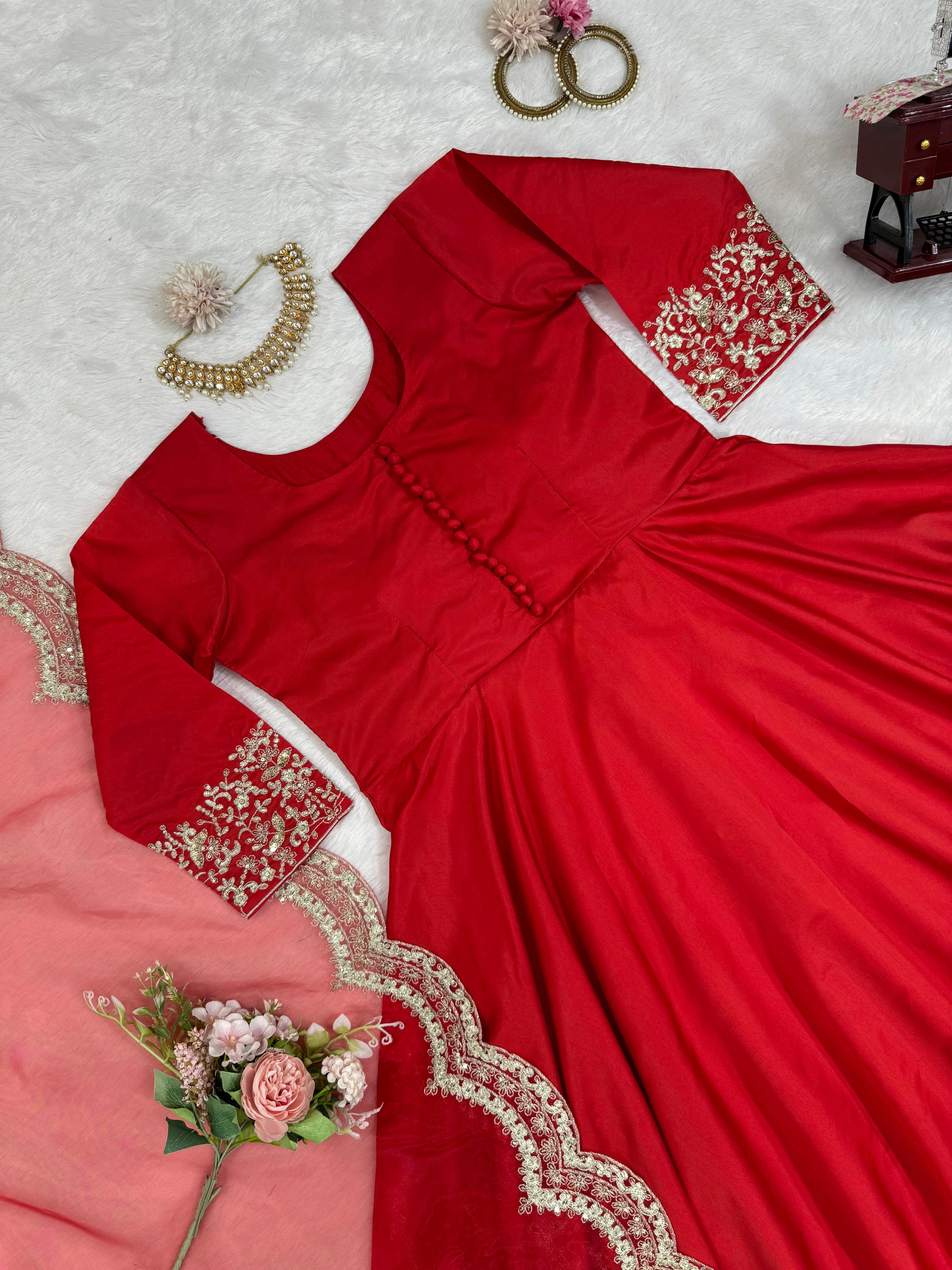 Partywear Red Tapeta Silk Gown