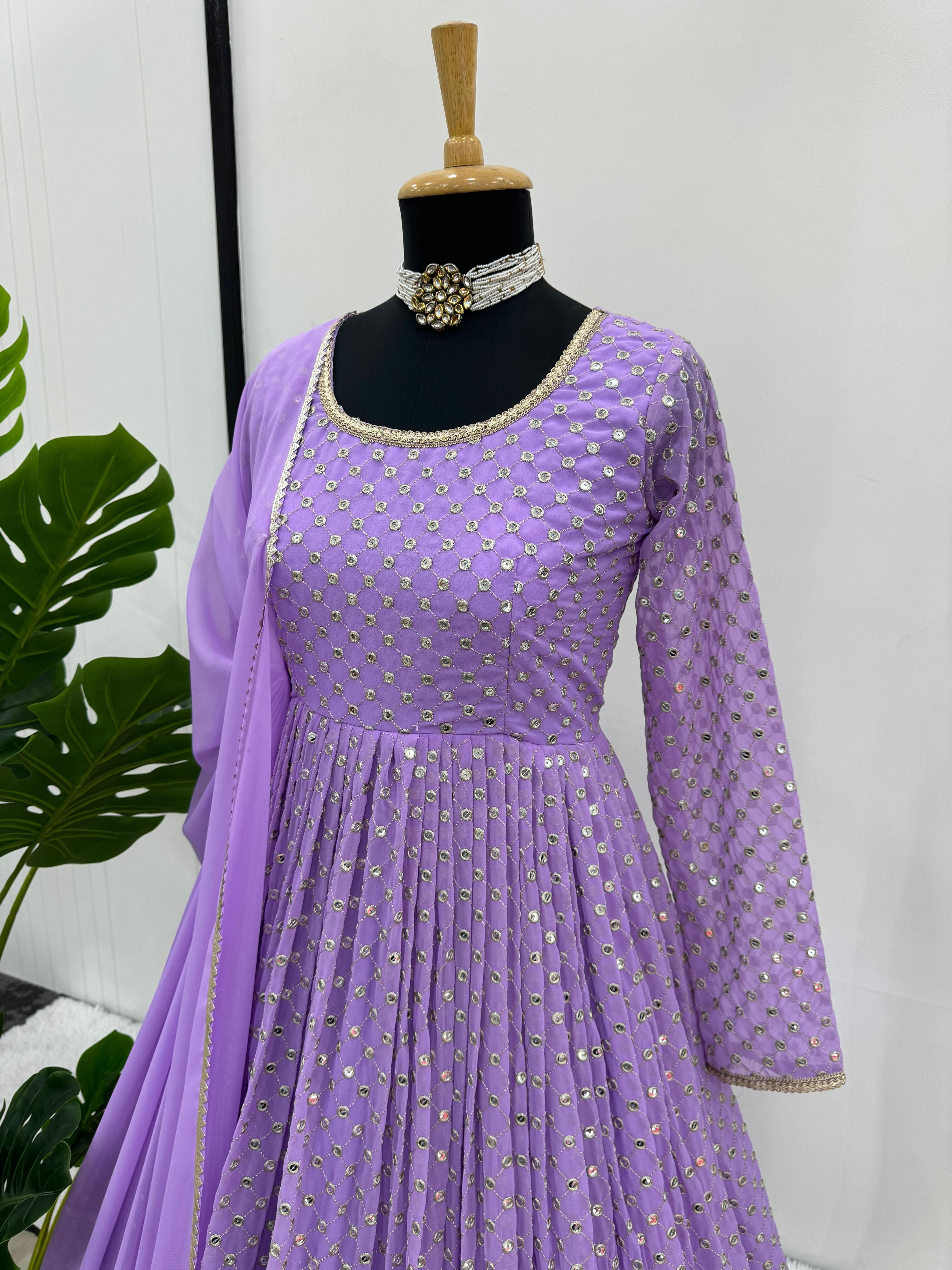 Beautiful Designer Lavender Georgette Thread With Sequence Work Gown