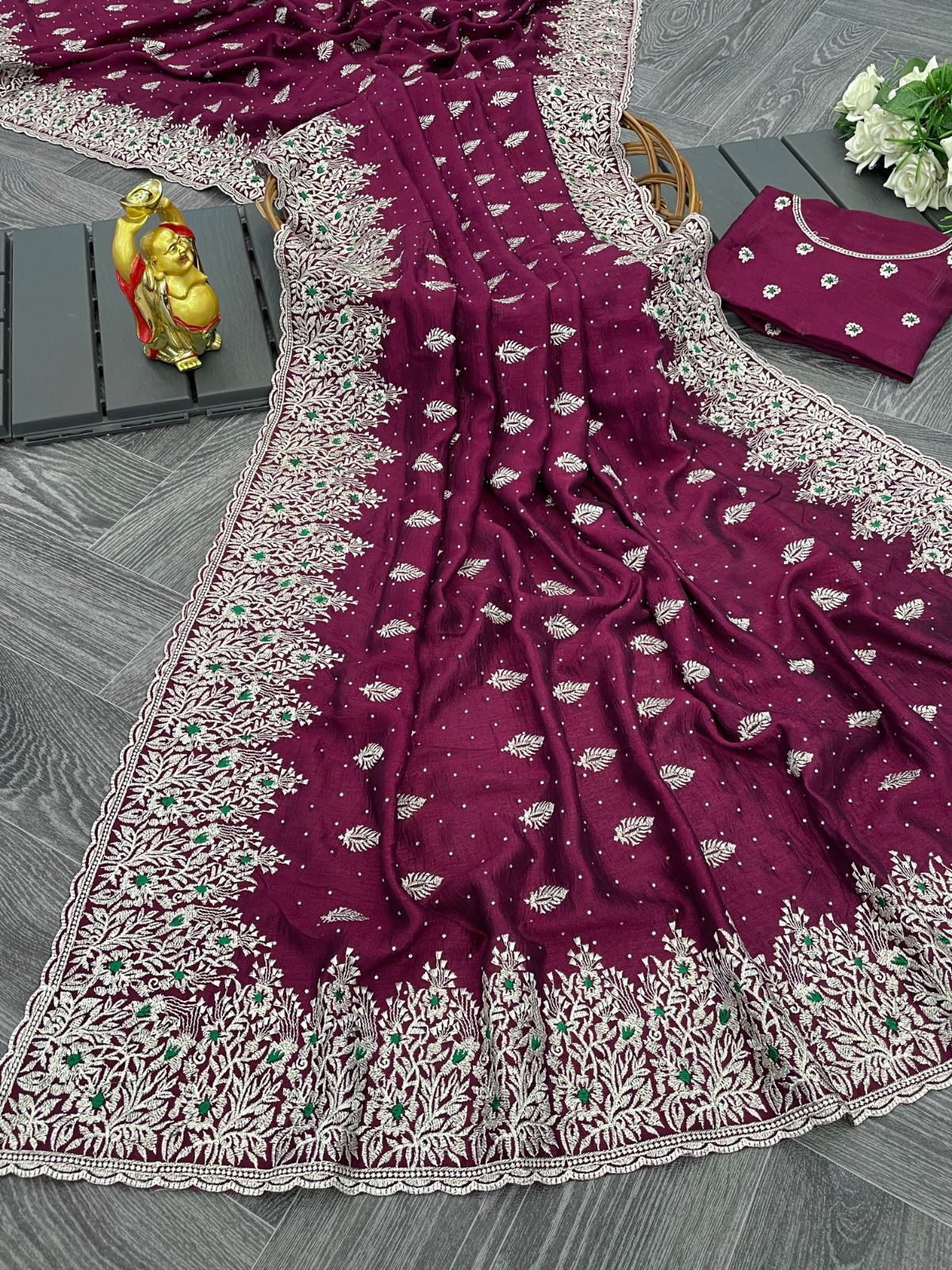 Most Beautiful Zari Work & Stone Work Blooming Vichitra Silk Saree